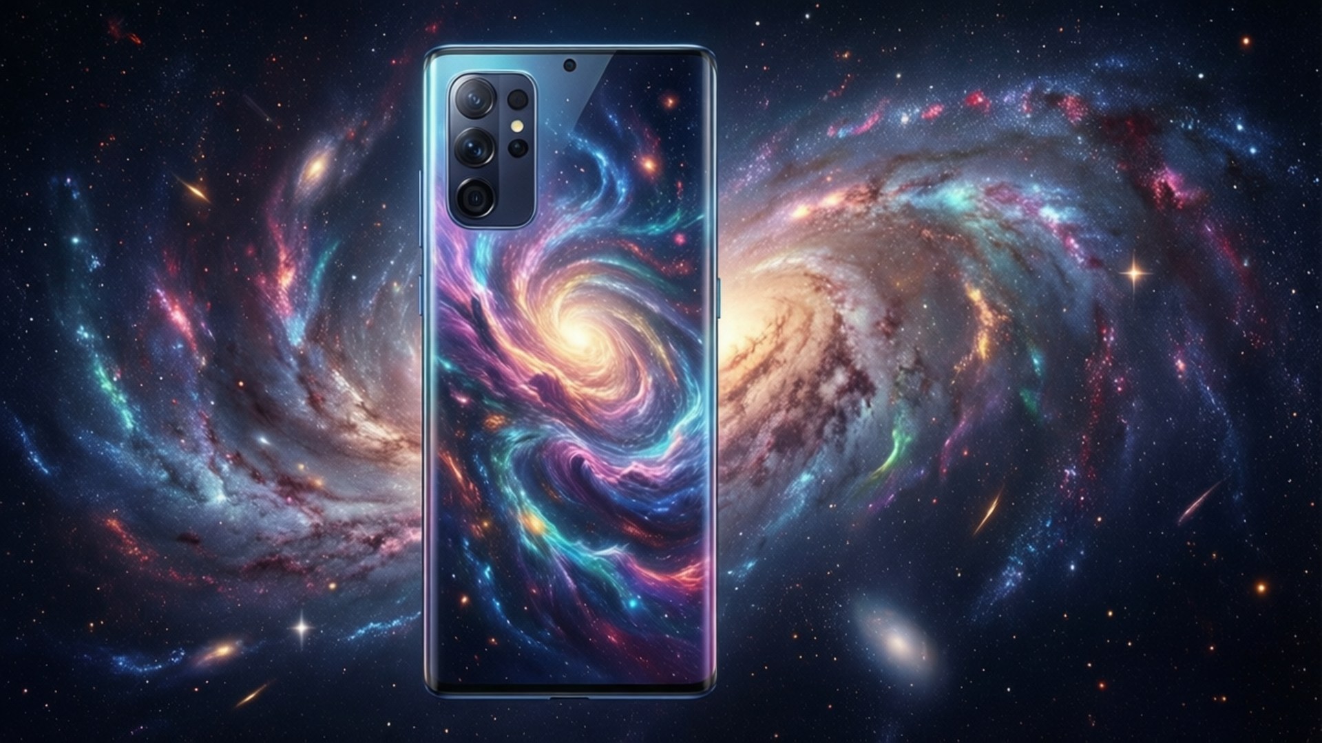 一部背面帶有星系圖案的智能手機，背景為宇宙太空