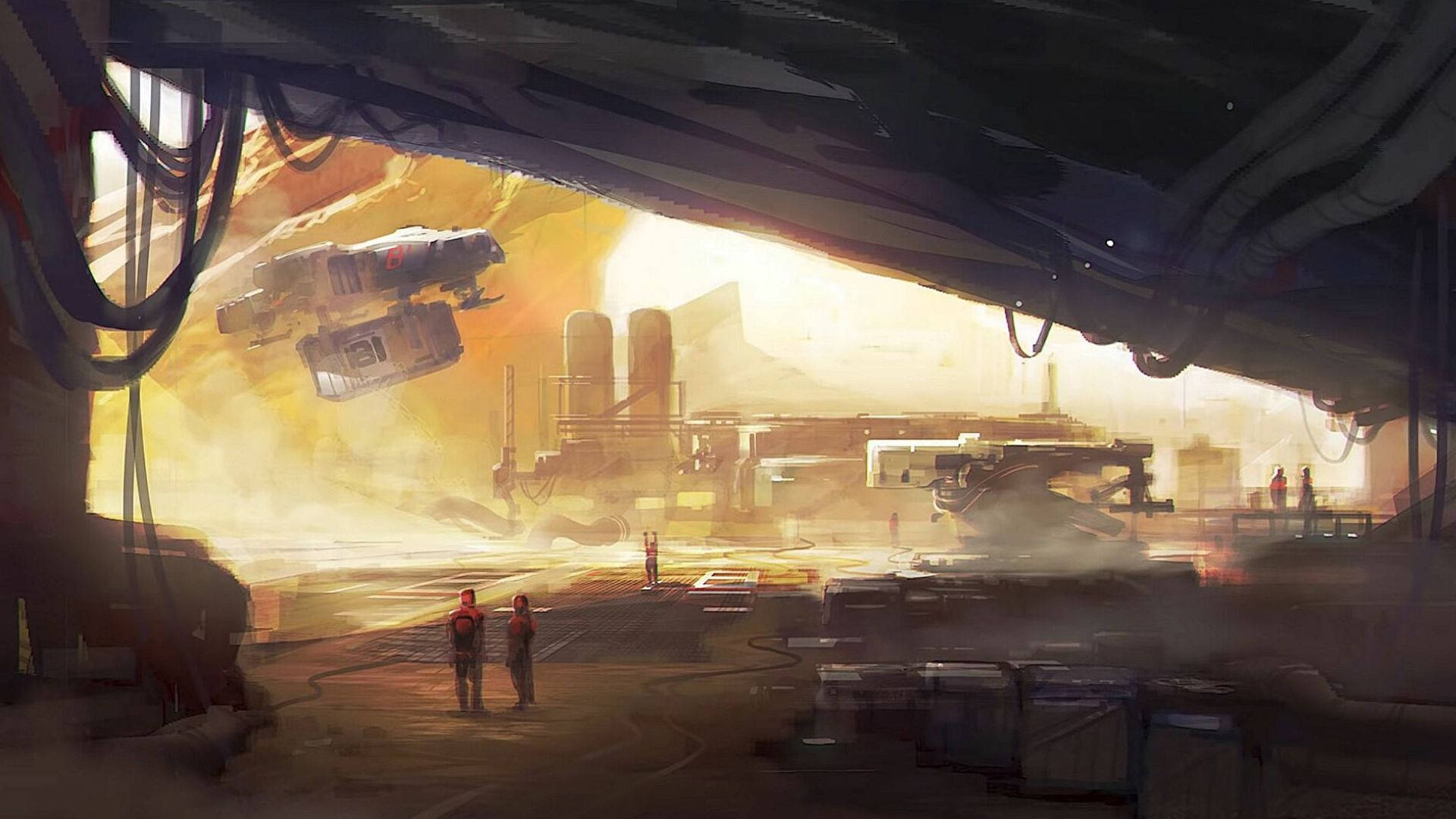 星際總部基地 壁紙 — 兩個人物站在昏暗的工業機庫中，一艘太空船在發光的日落天空下盤旋。