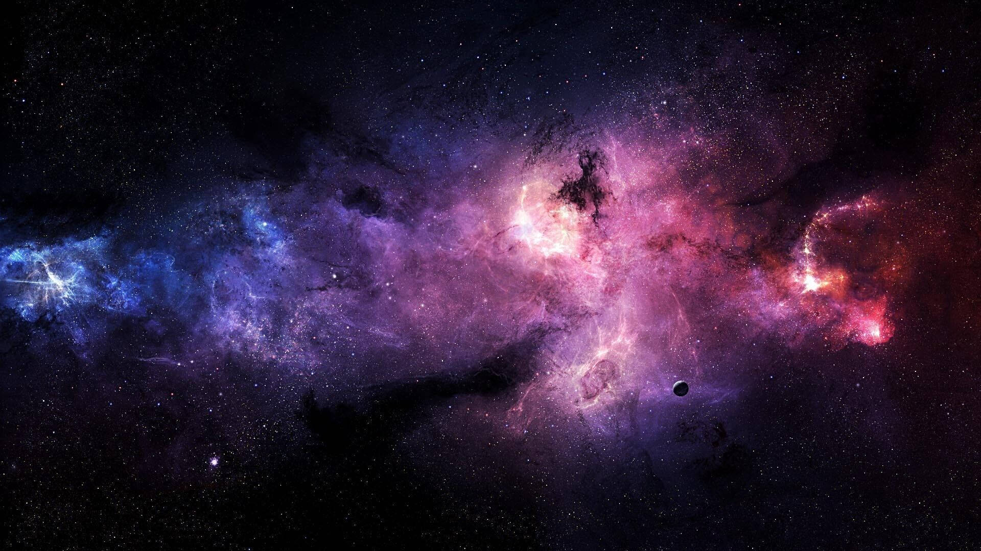 深空中帶有星星和一顆小行星的彩色星雲。