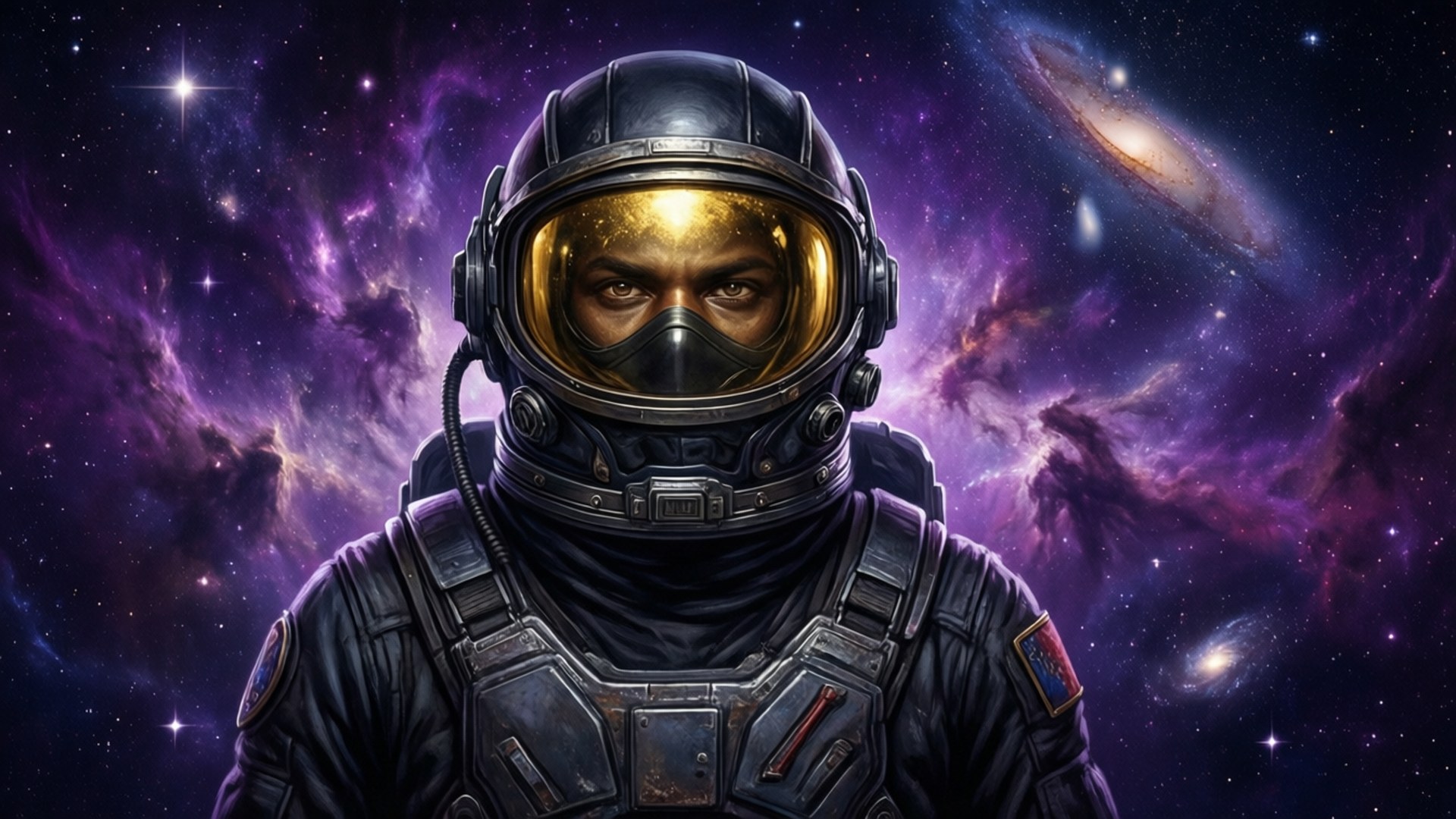 太空人身穿太空衣，背景是宇宙中的紫色星雲和星星。