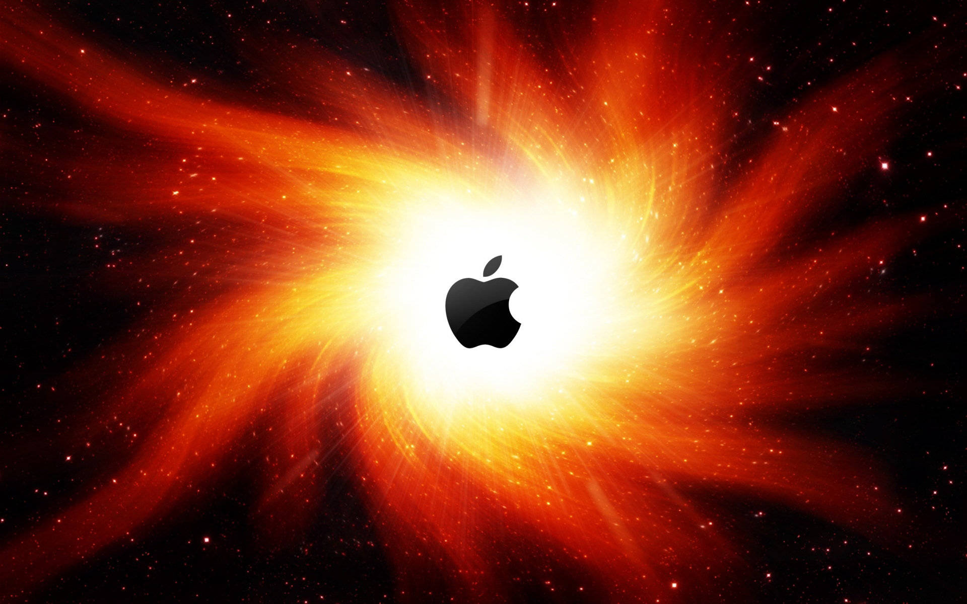 星際蘋果標誌 macOS 壁紙 — 一個黑色Apple標誌在星空宇宙背景下散發出熾熱的橙色和黃色能量。