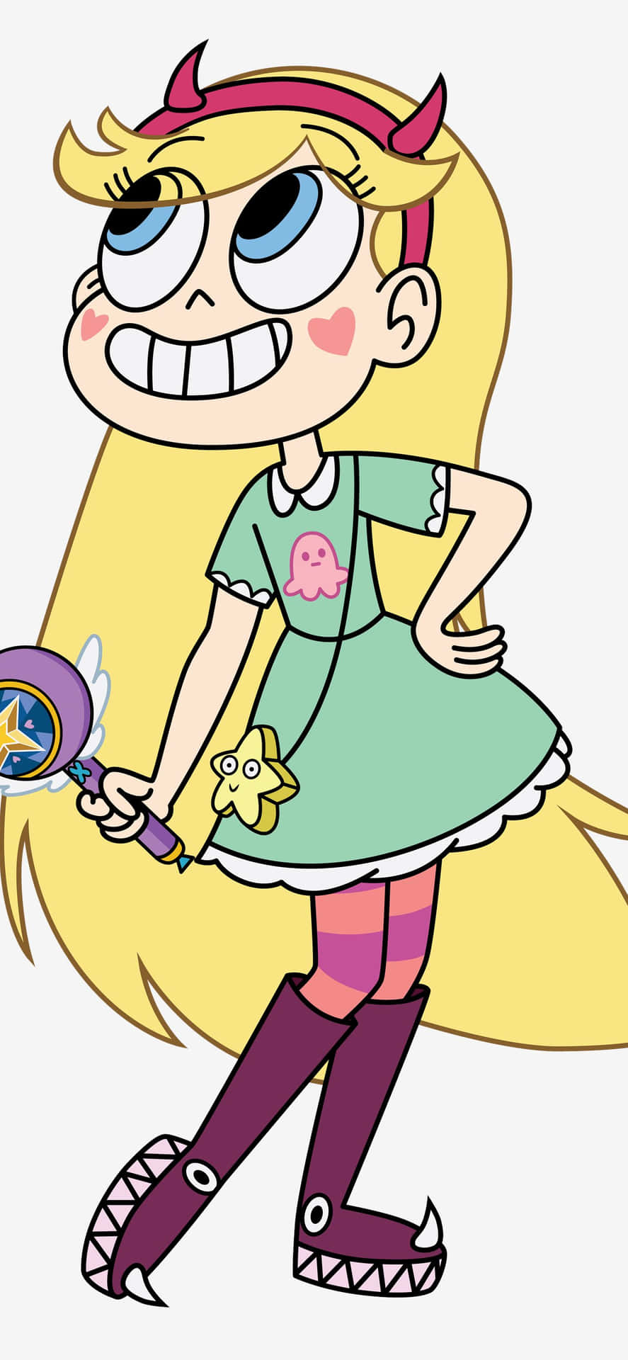 卡通女孩有惡魔角，拿著魔法棒微笑。