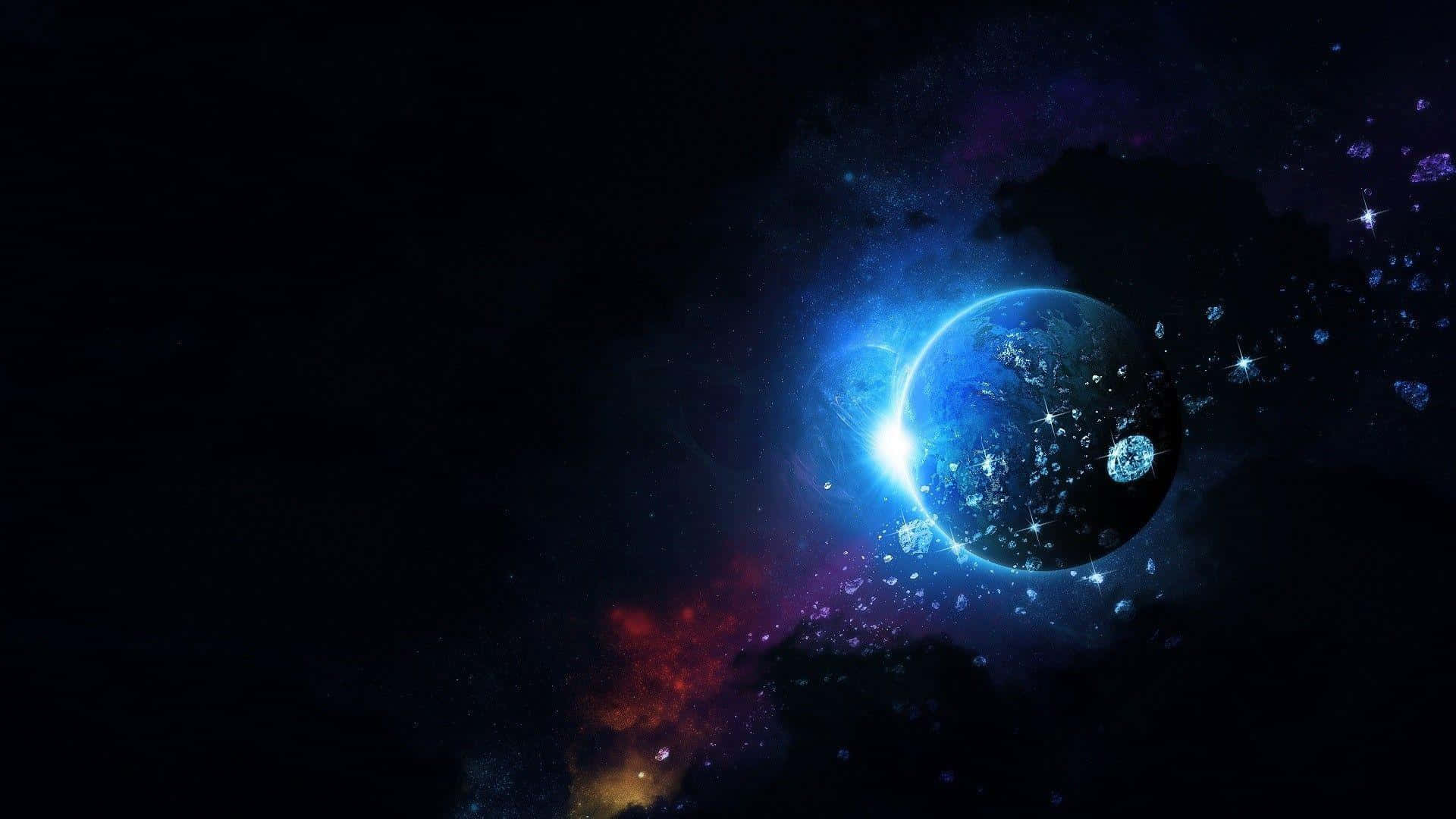 一顆藍色行星帶有發光的城市，在佈滿恆星的宇宙場景中運行，伴隨著彩色星雲。