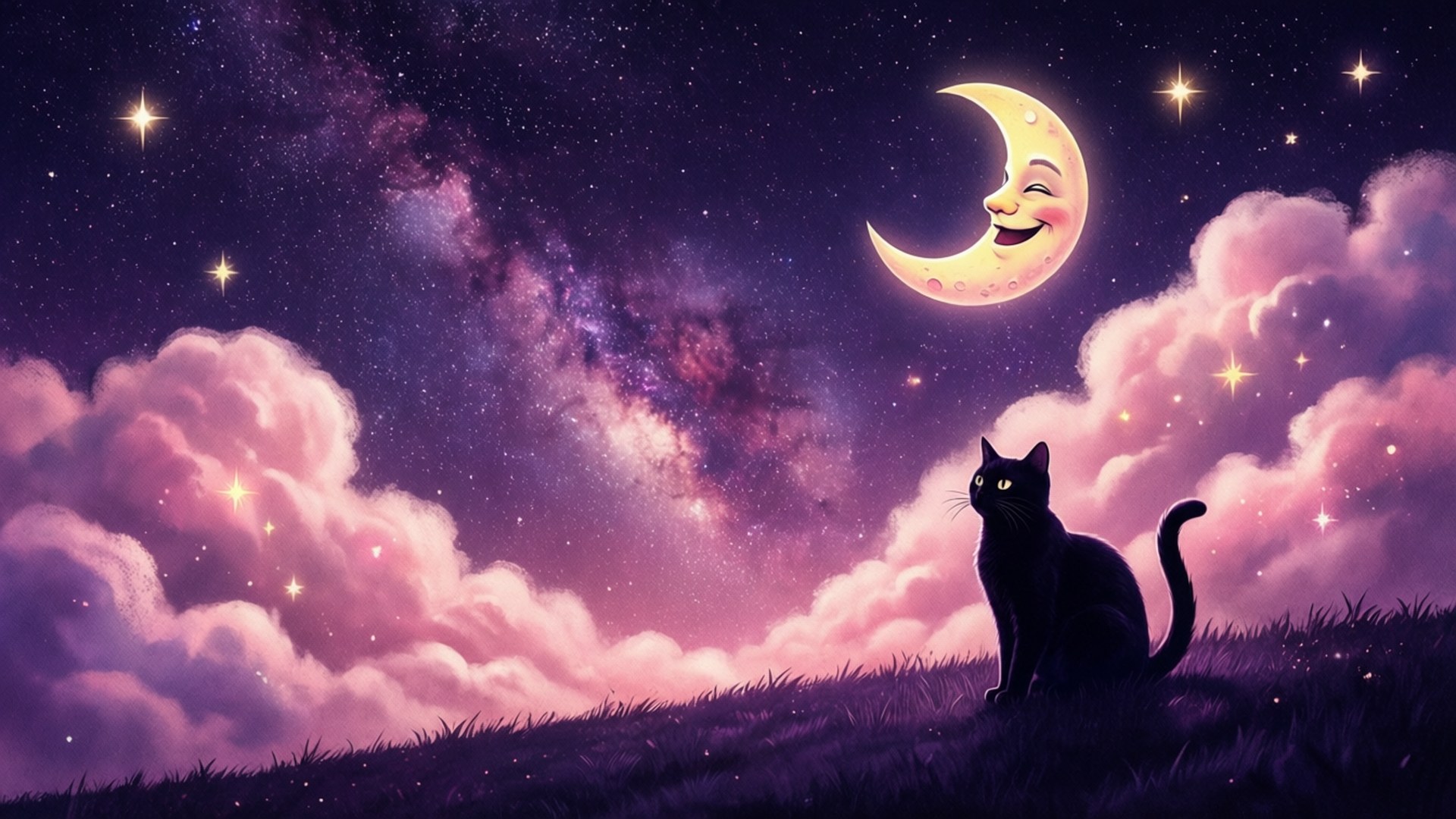 黑貓在山丘上看著紫色天空中微笑的月亮和星星
