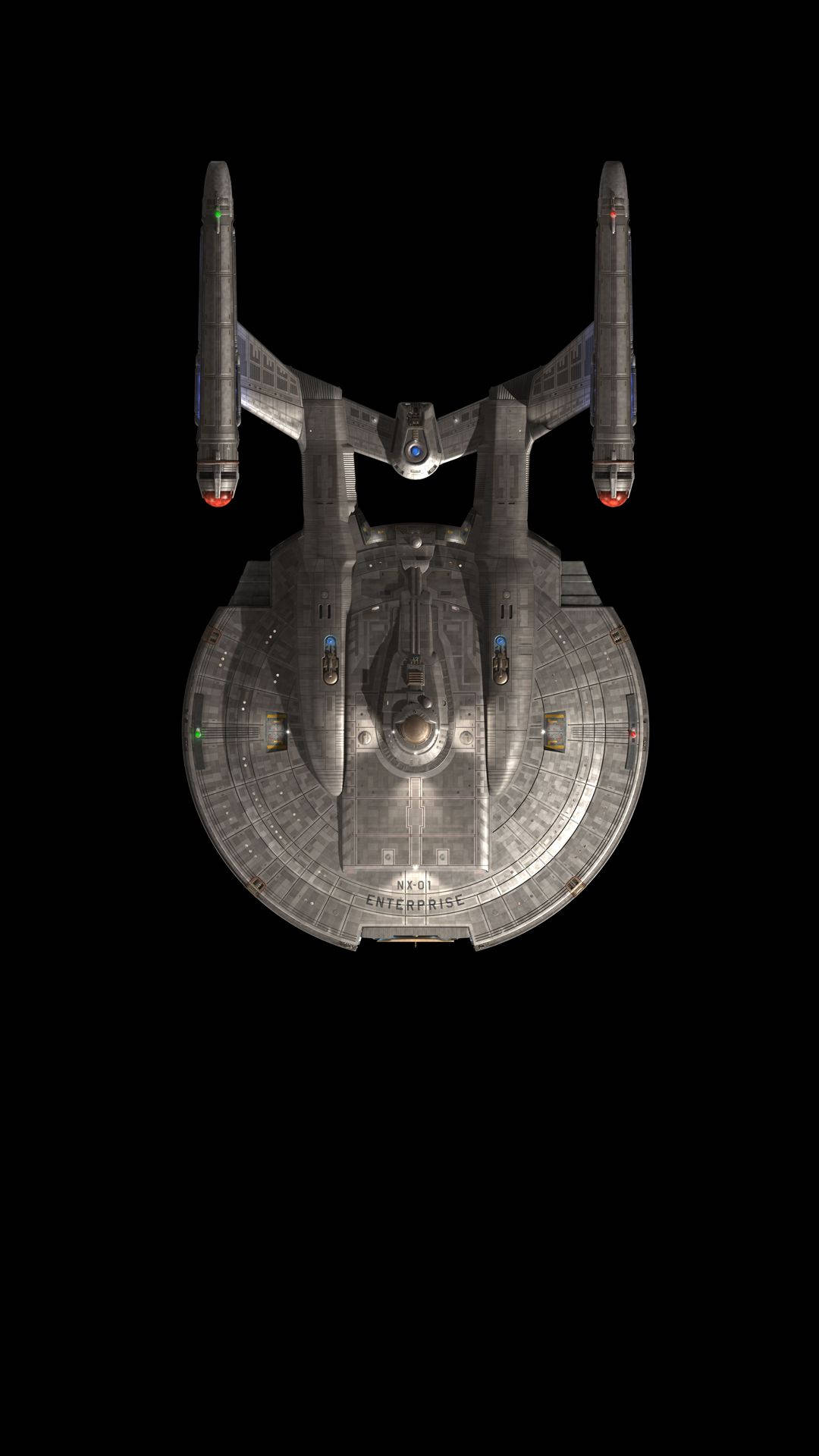 星際迷航 iPhone NX級星艦 壁紙 — 星艦企業號NCC-1701在黑色虛空中的詳細俯視圖。
