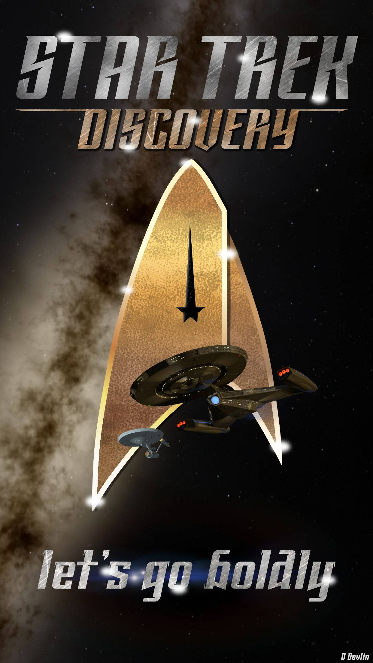 星際迷航 iPhone 勇往直前 壁紙 — Star Trek Discovery 星艦從金色曲速泡中出現，背景是星空宇宙，帶有發光文字。