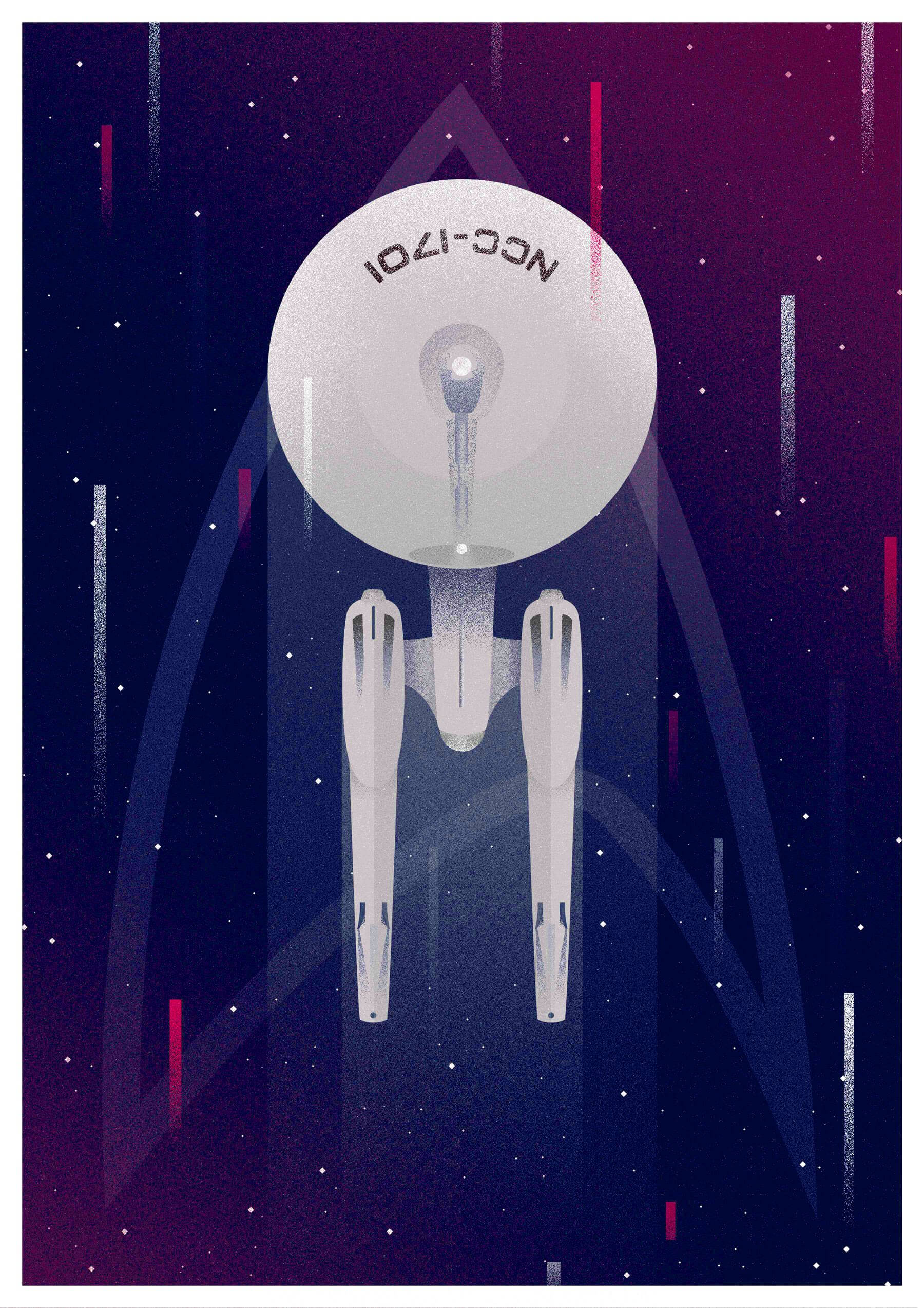 星際迷航 iPhone 數位藝術 壁紙 — 一艘帶有NCC-1701標誌的時尚白色星艦，在星光閃爍的紫色和藍色宇宙虛空中滑行，伴隨著發光的條紋。