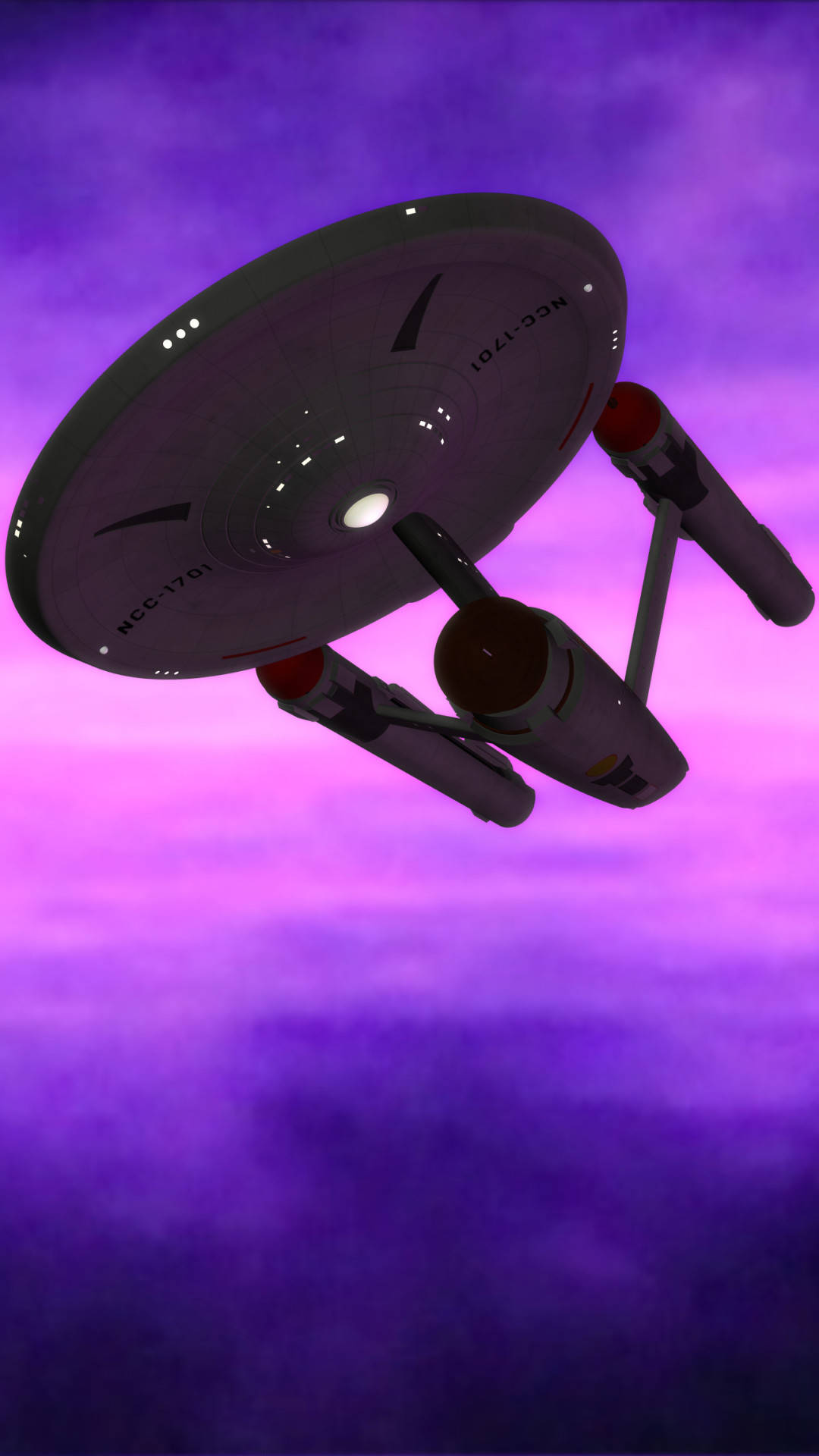 星際迷航 iPhone 紫色天空 壁紙 — 一艘帶有NCC-1701標記的星艦在充滿發光雲團的鮮豔紫色星雲中滑行。