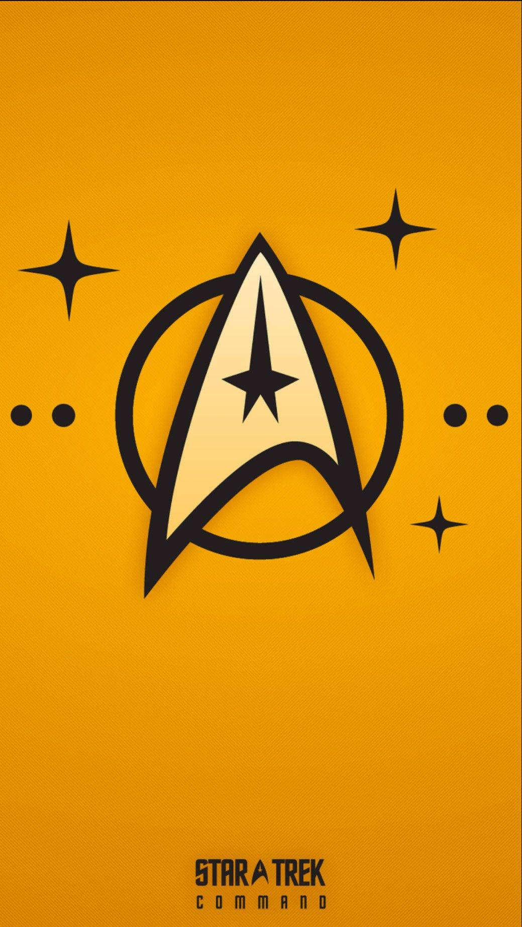 星際迷航 iPhone 黃色指揮徽章 壁紙 — 大膽的Star Trek Command標誌居中，置於充滿活力的橙色背景上，帶有黑色星星和圓點。