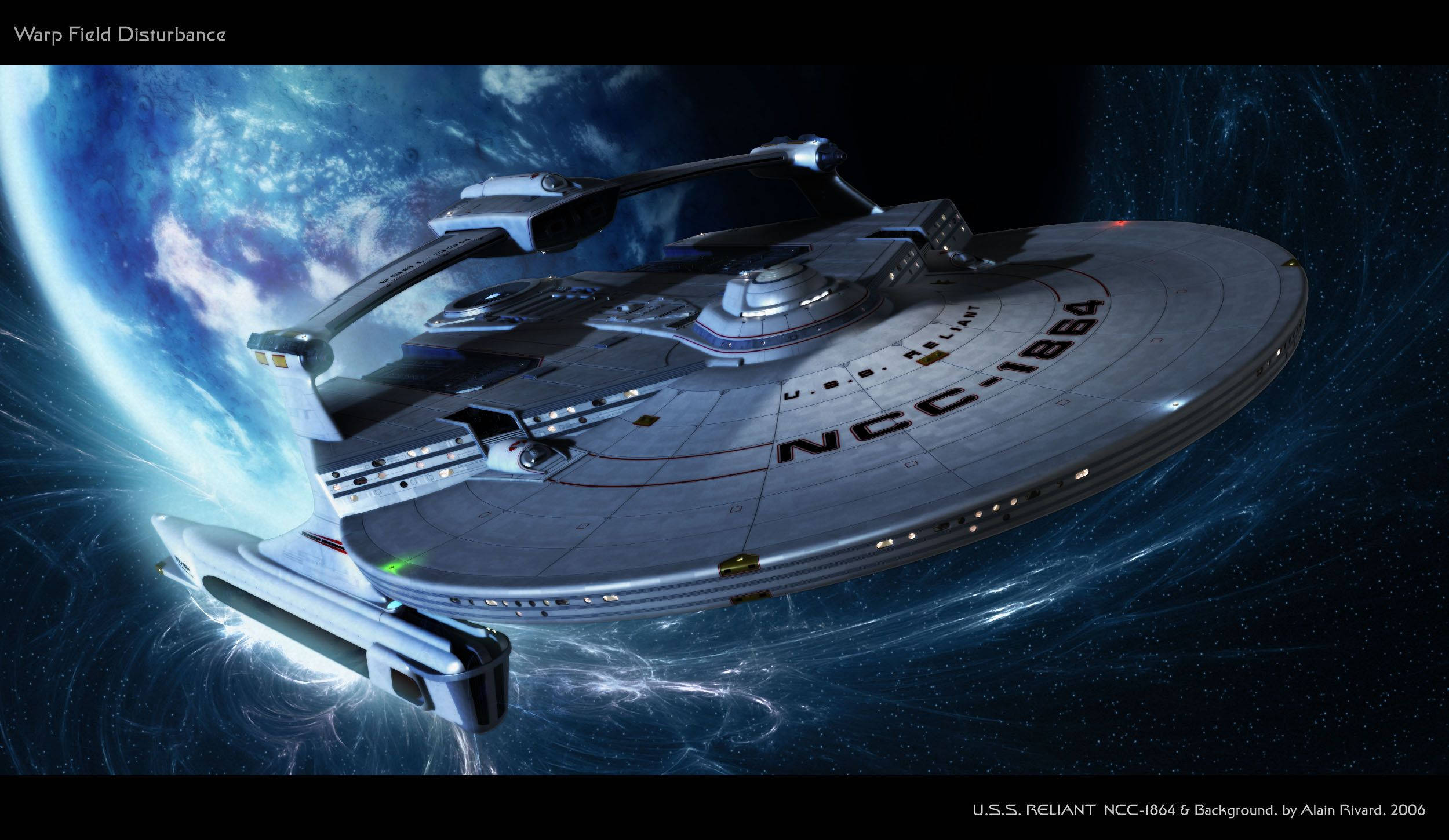 《星際迷航》企業號藝術作品 壁紙 — 一艘流線型的銀色星艦在宇宙空間中滑行，背後有一顆充滿活力的藍色行星在發光。