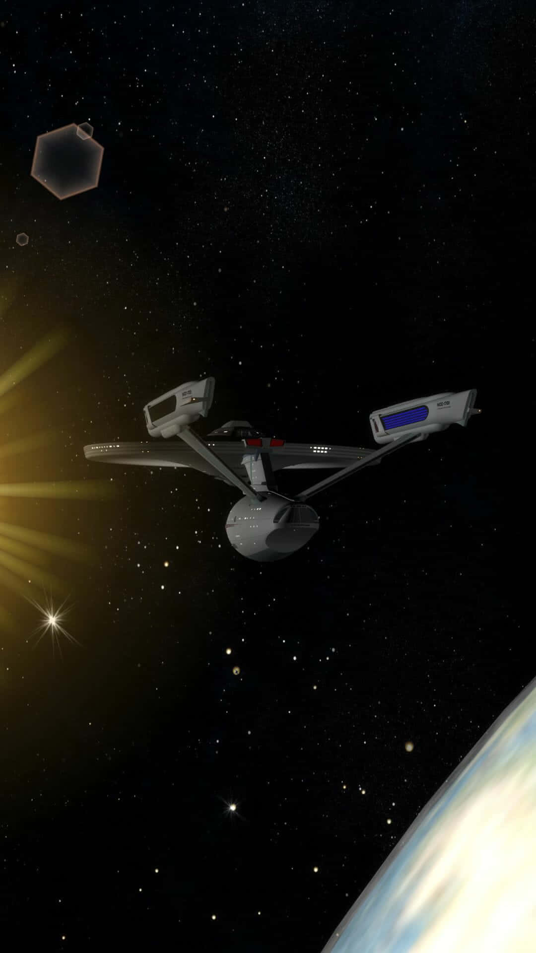 星艦在太空中靠近一顆帶有耀眼太陽爆發的行星飛行。