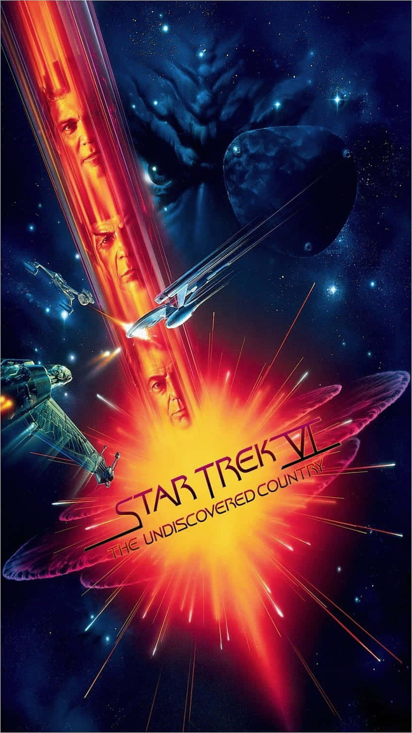 《星艦迷航記VI》電影海報，顯示星艦在太空戰鬥中，帶有紅色能量光束和面孔。