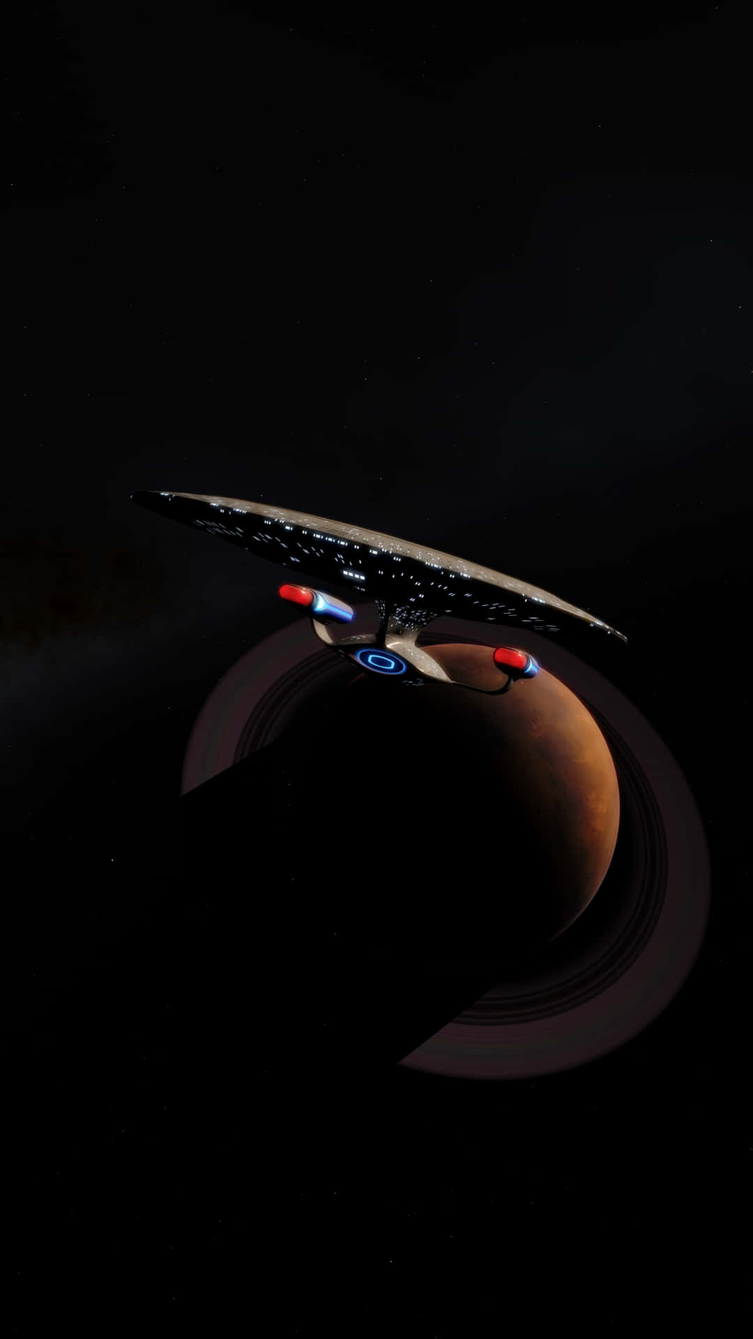星艦在外太空靠近一顆帶光環的行星飛行。