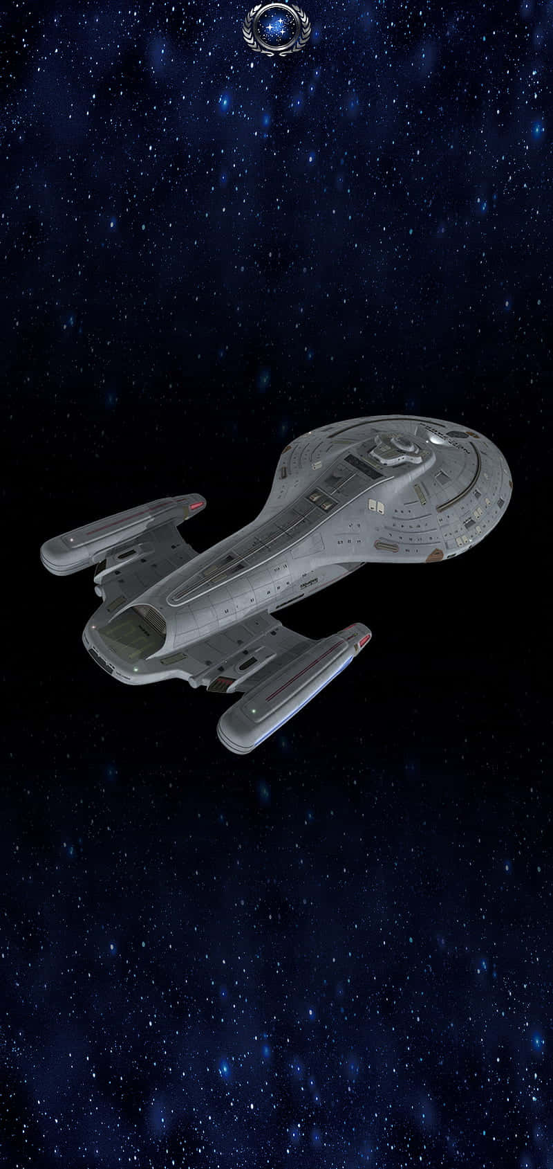 銀色星艦漂浮在深藍色星空中，伴隨著閃爍的星星。