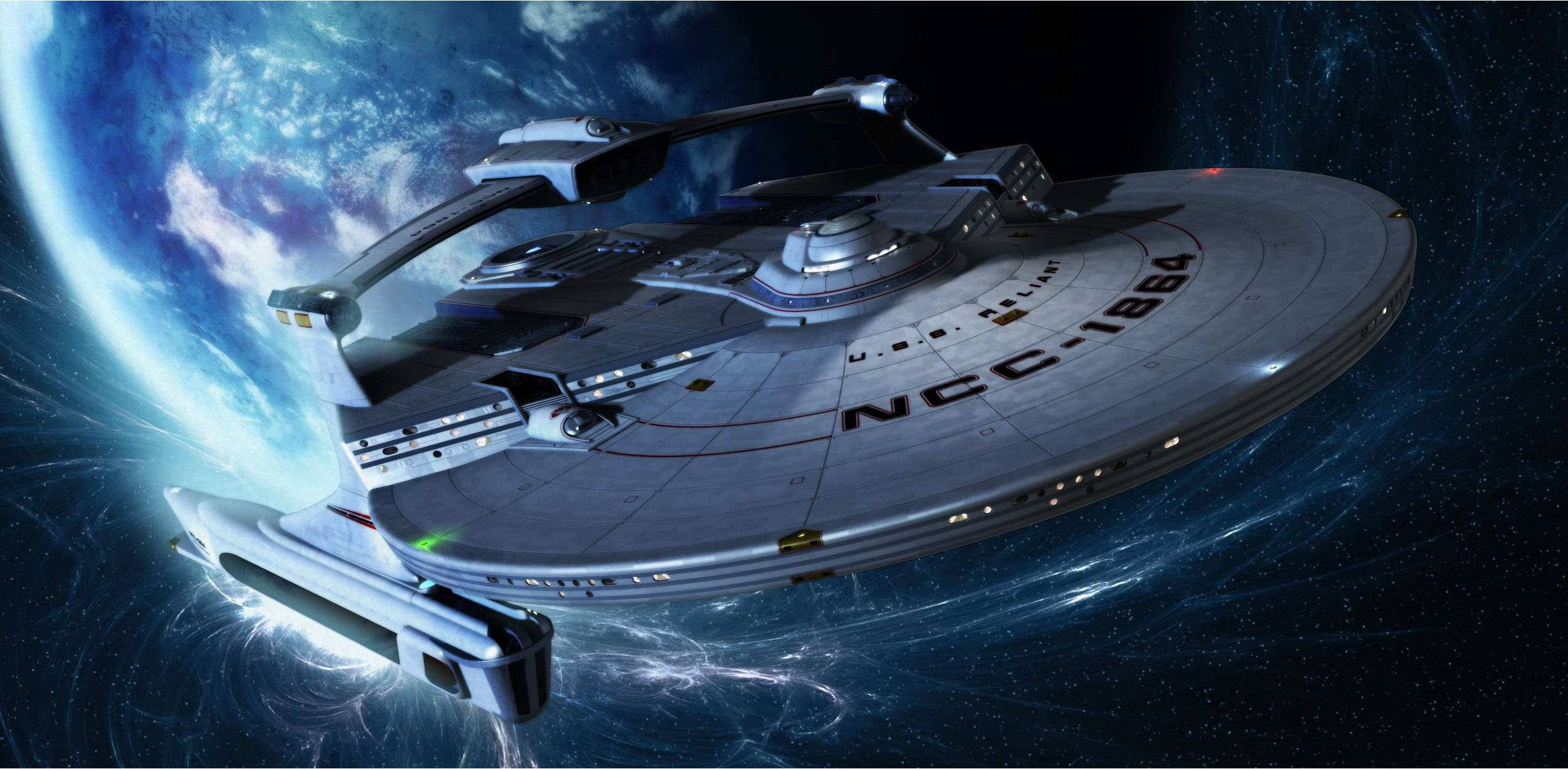 《星際迷航》星艦 USS 雷利安號 壁紙 — 星艦NCC-1784在太空滑翔，靠近一個帶有旋轉雲層的鮮豔藍色行星。