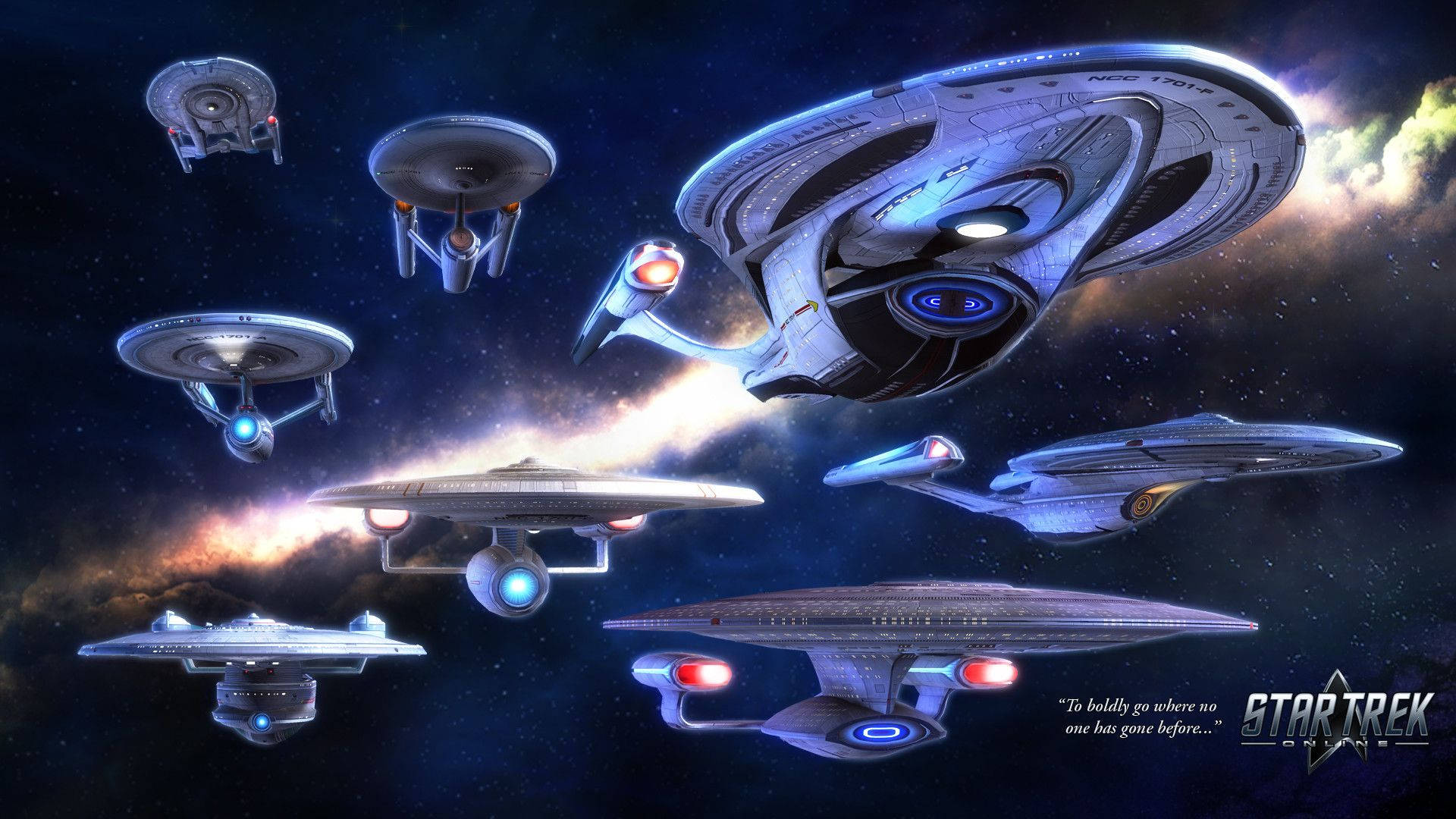 《星際迷航》星艦陣列《星際迷航在線》 壁紙 — 多艘星際迷航的星艦在充滿恆星和宇宙雲的鮮豔星雲中翱翔。