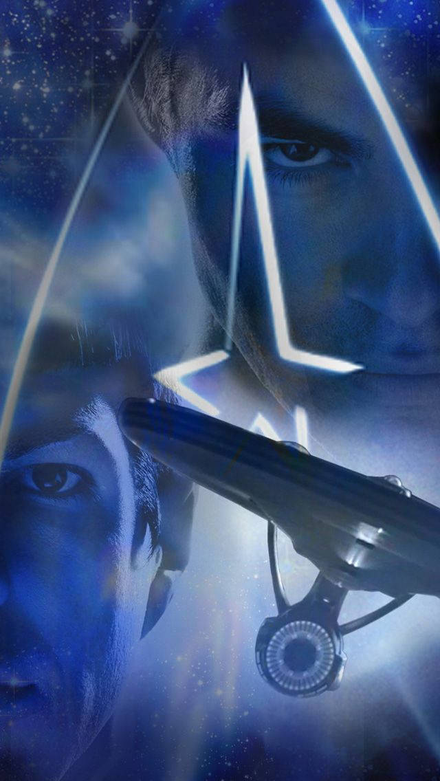 星際迷航：暗黑無垠單色海報 壁紙 — 一艘星艦在宇宙背景下發光，兩個強烈的面孔部分顯現在藍光中。