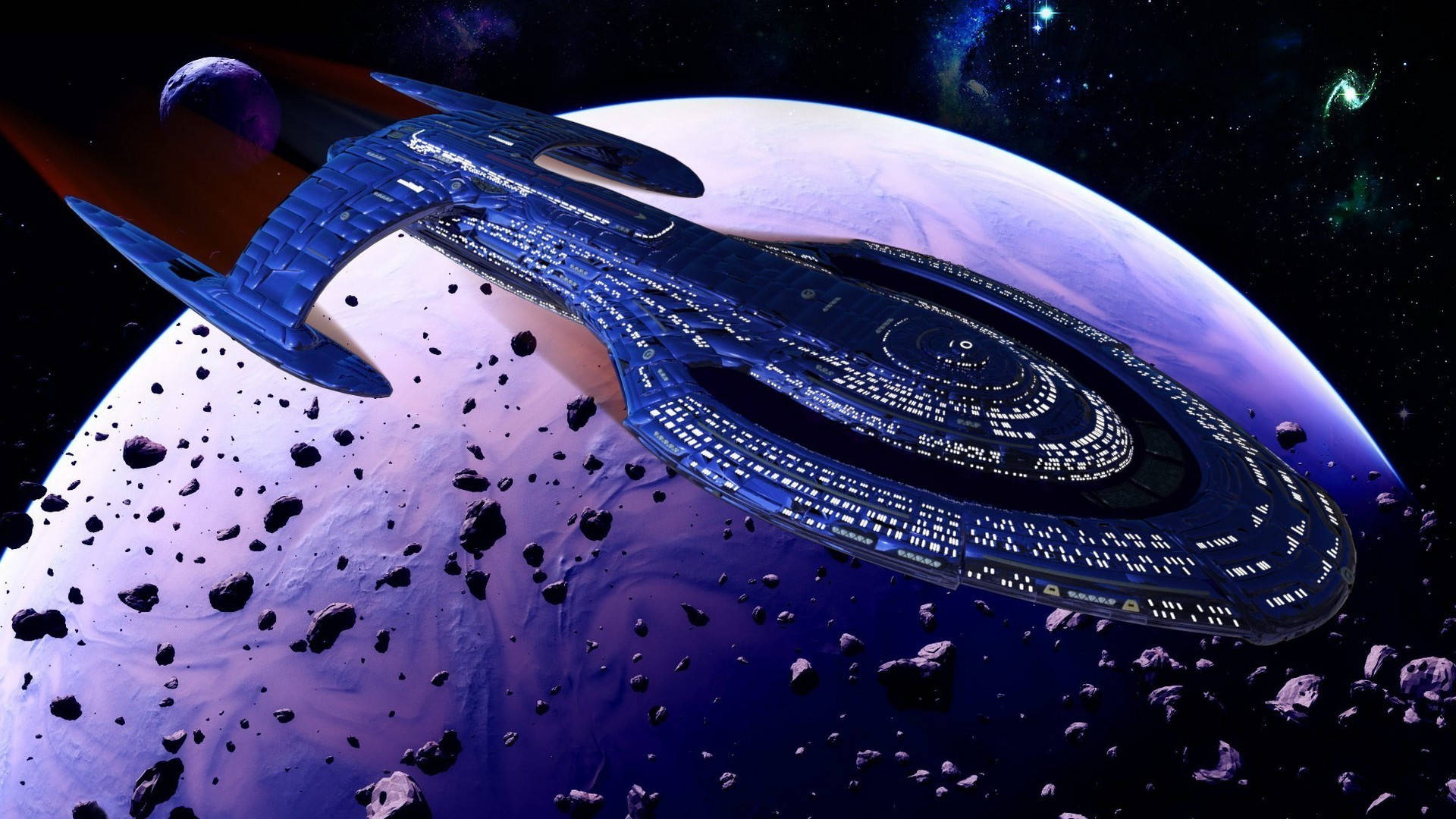 《星際迷航：發現號》太空船 壁紙 — 一艘藍色星艦在繁星點點的宇宙中，穿越靠近紫色行星的小行星帶。