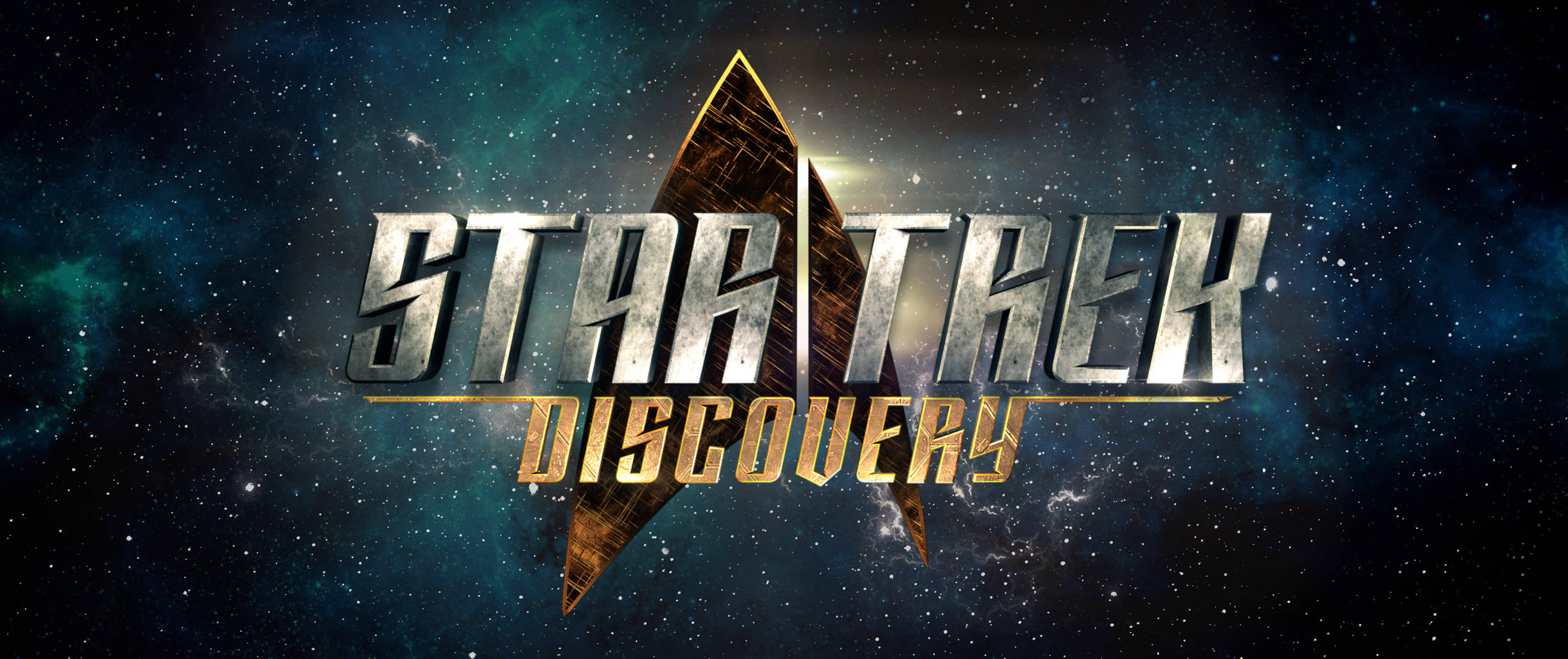 星際迷航：發現號標誌 壁紙 — Star Trek Discovery 標誌在旋轉星雲和遙遠恆星的宇宙背景下閃耀。