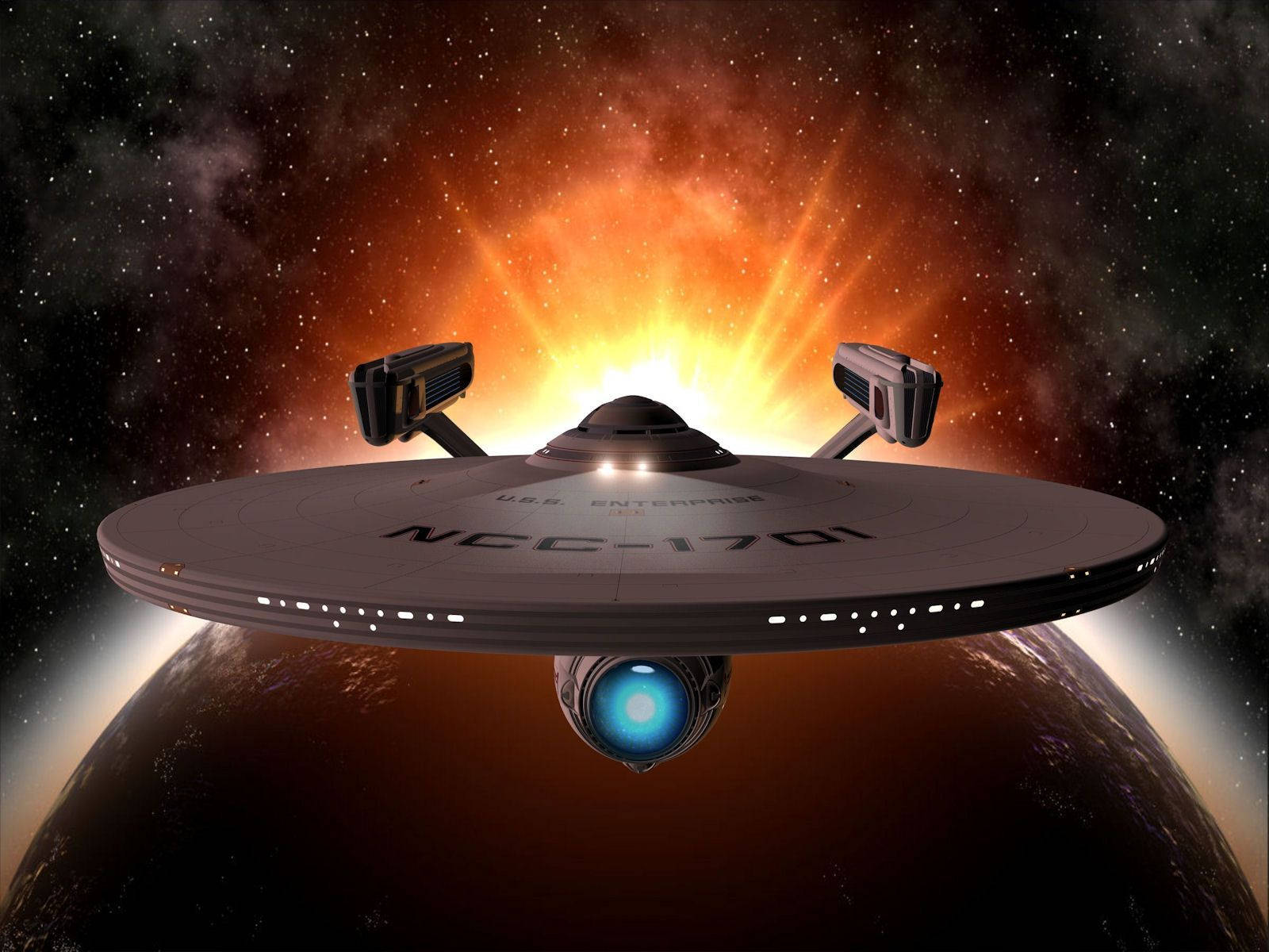 星際迷航企業號星艦穿越太陽 壁紙 — USS Enterprise NCC-1701 喺深空中，喺一個熾熱星雲背景下，喺一個行星上方滑翔。