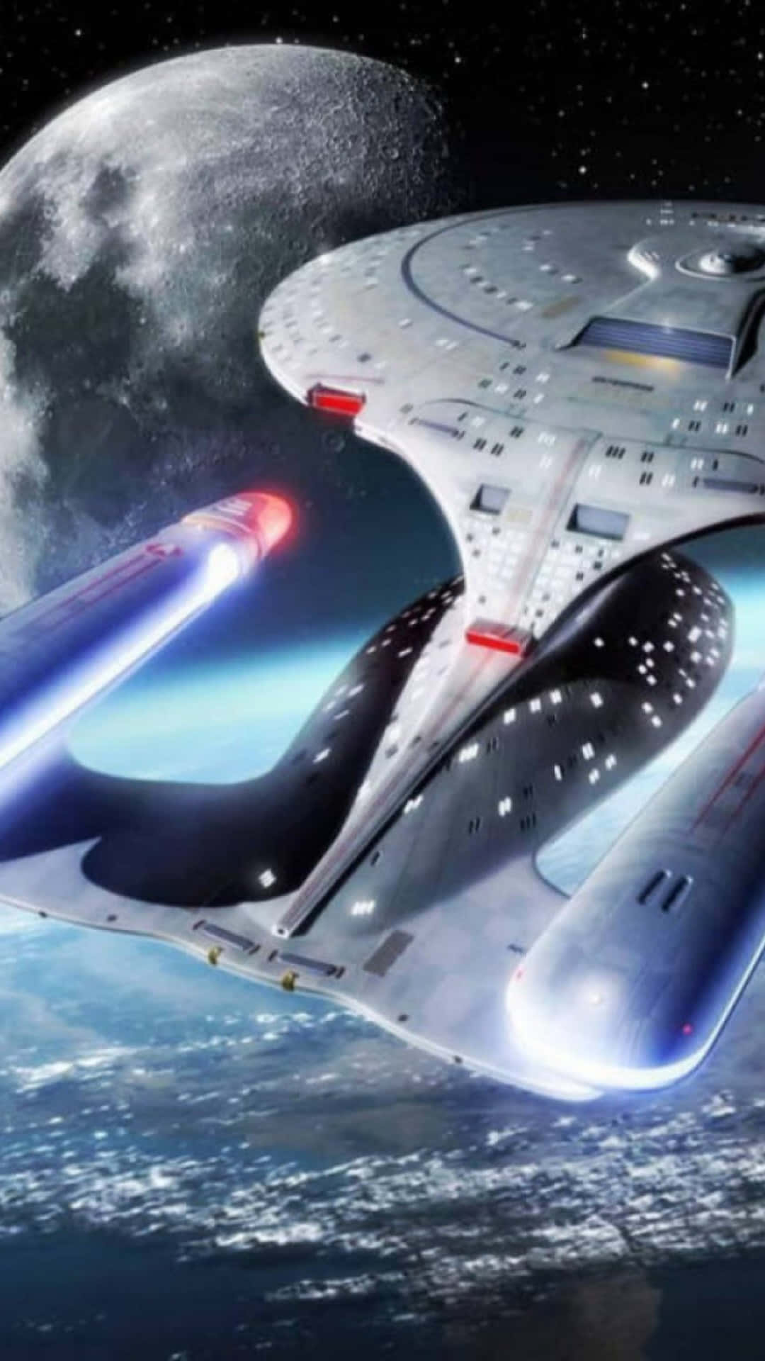 一艘未來風格的星艦繞著一顆藍色行星運行，太空中還有一個月球。