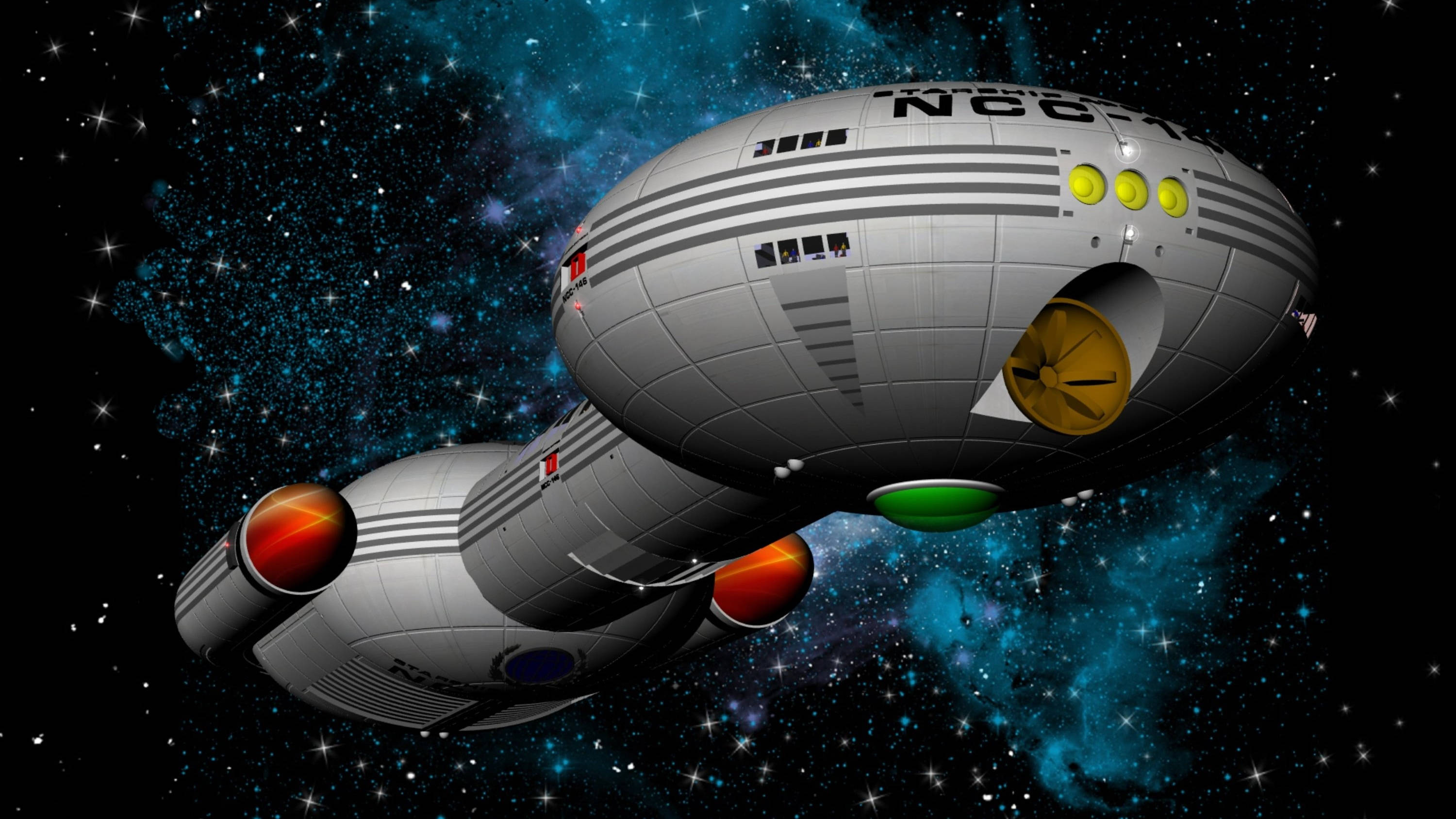 星際迷航星艦 NCC 級 壁紙 — 一艘銀色星艦帶著發光的引擎，滑過一個點綴著閃爍星星的鮮豔藍色星雲。