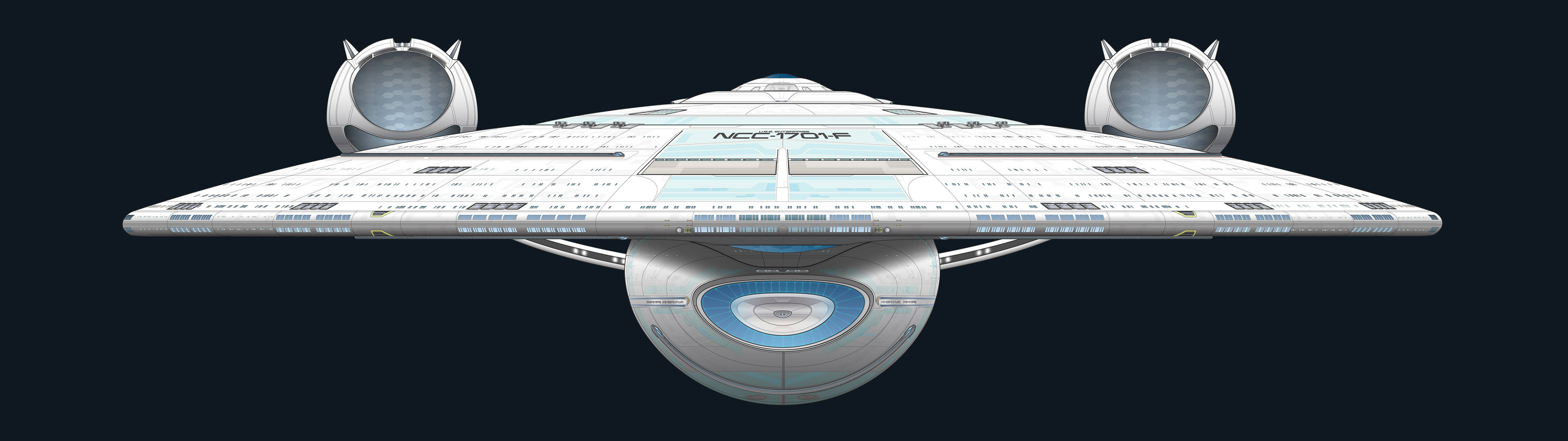 星際迷航星艦 USS Enterprise NCC-1701-F 前視圖 壁紙 — 一艘流線型白色星艦，帶有藍色點綴和「NCC-1701」標記，在黑暗虛空中滑行。
