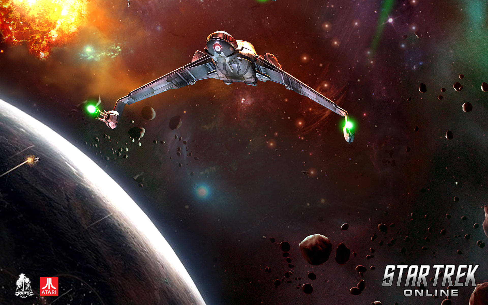 星際迷航星艦於太空 星際迷航線上遊戲 壁紙 — 一艘時尚的星艦，配備發光的綠色引擎，在充滿小行星的行星附近飛過充滿活力的星雲。