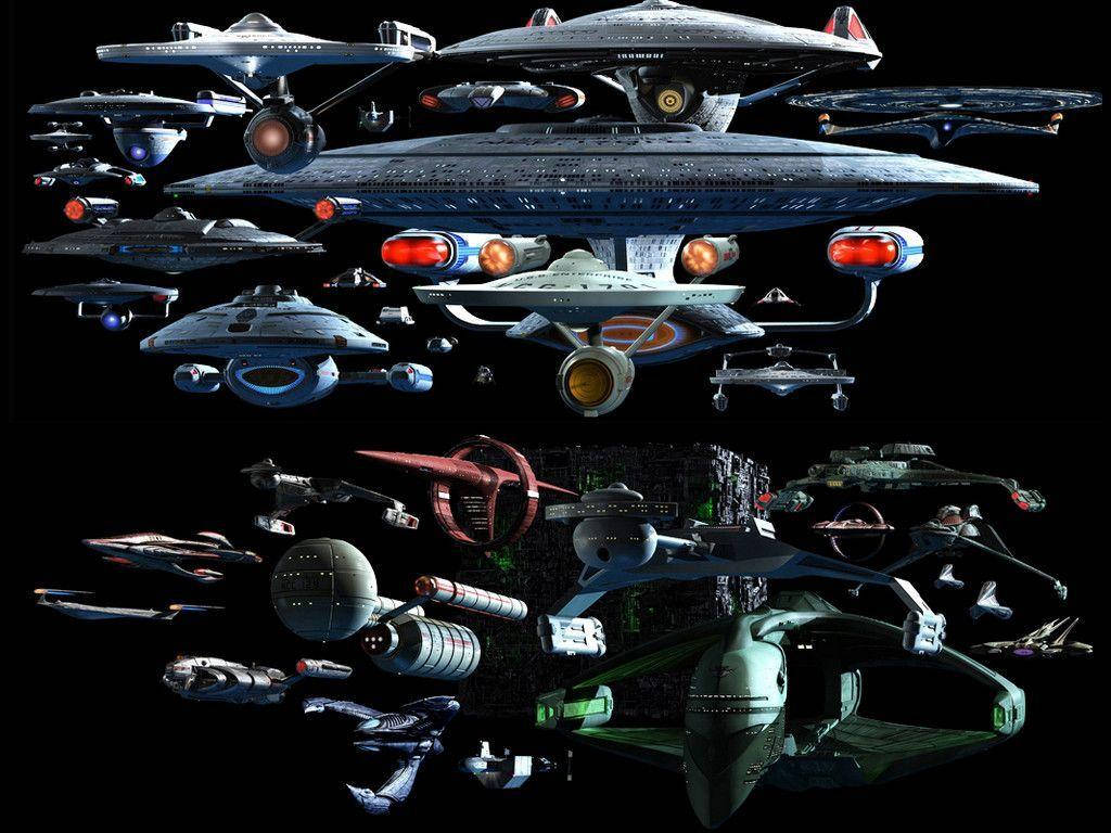 星際迷航星艦陣列 壁紙 — 一幅動態拼貼畫，展示多種科幻星艦漂浮在黑色虛空中，呈現複雜的設計和發光的引擎。