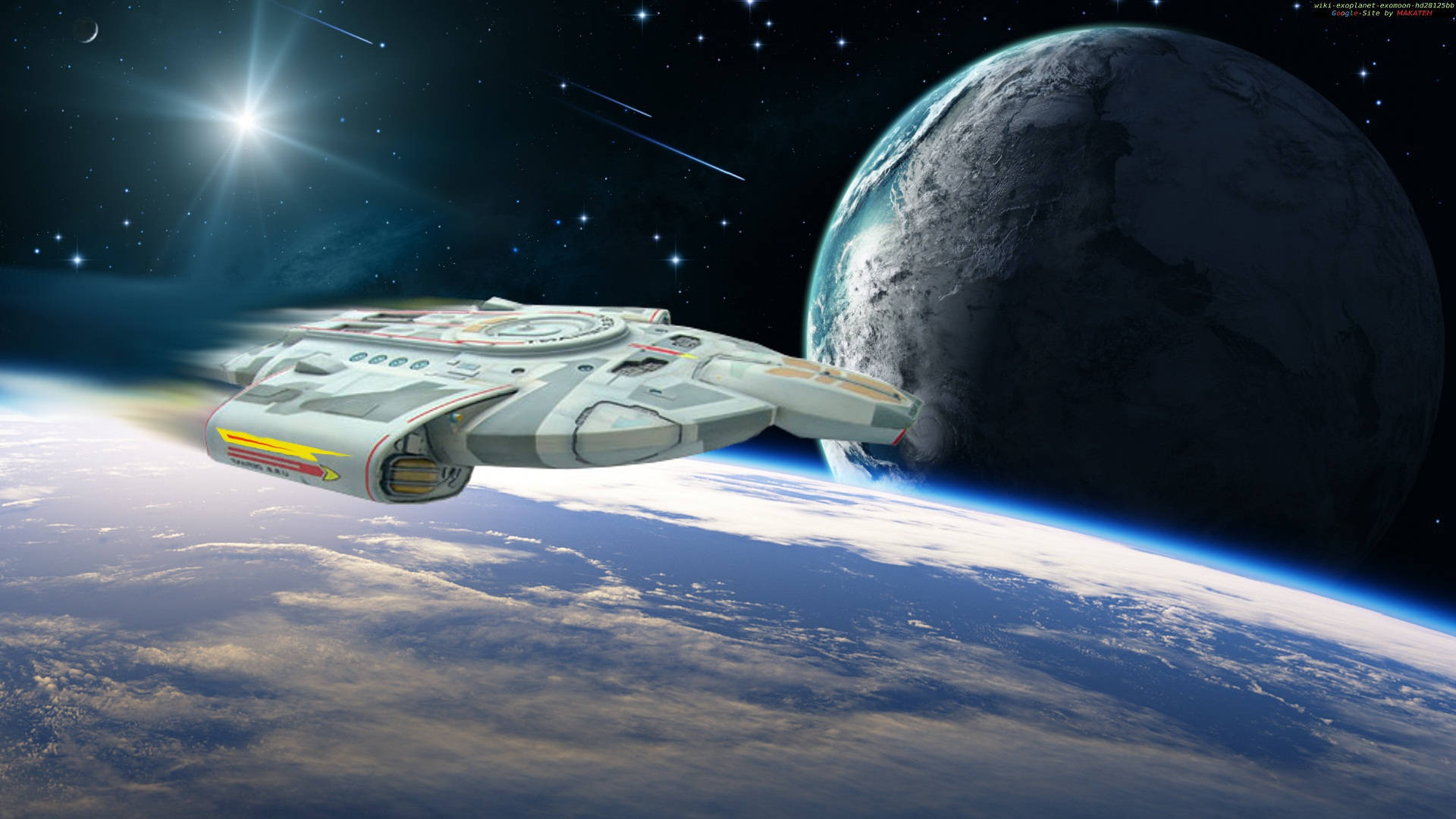 星際迷航星艦飛越兩顆行星 壁紙 — 一艘流線型太空船在繁星點點的天空下，掠過地球彎曲的地平線，遠處有明亮的太陽和月亮。