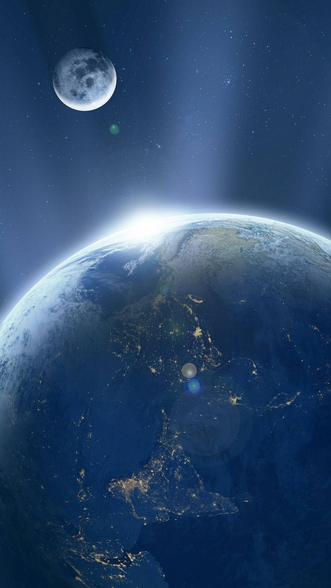 從太空看地球，月亮和城市燈光清晰可見。
