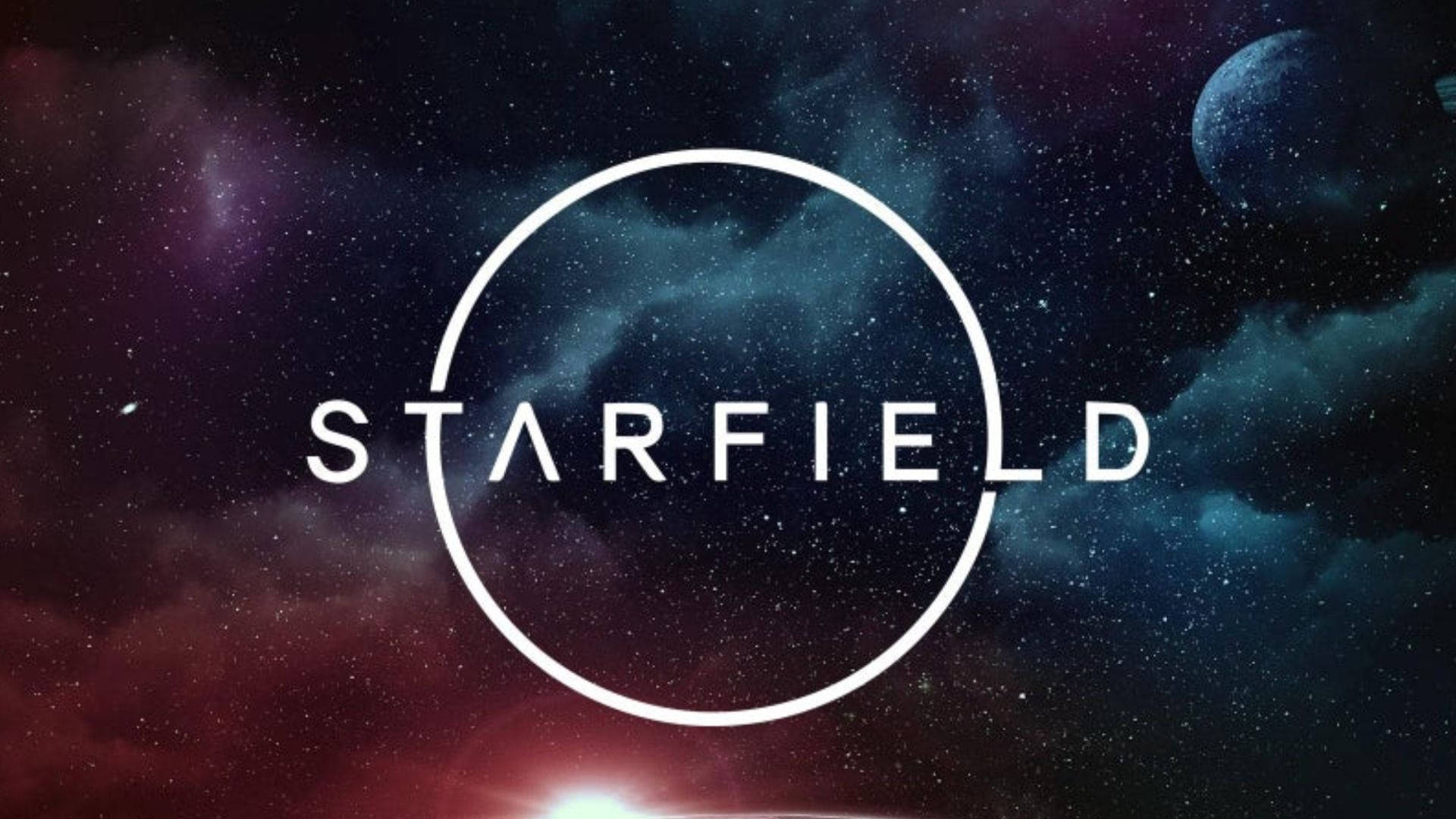 星際過客於繁星銀河 壁紙 — STARFIELD 這個詞以粗體白色字母出現在一個圓圈內，背景是星空、星雲和一顆遙遠行星的宇宙背景。