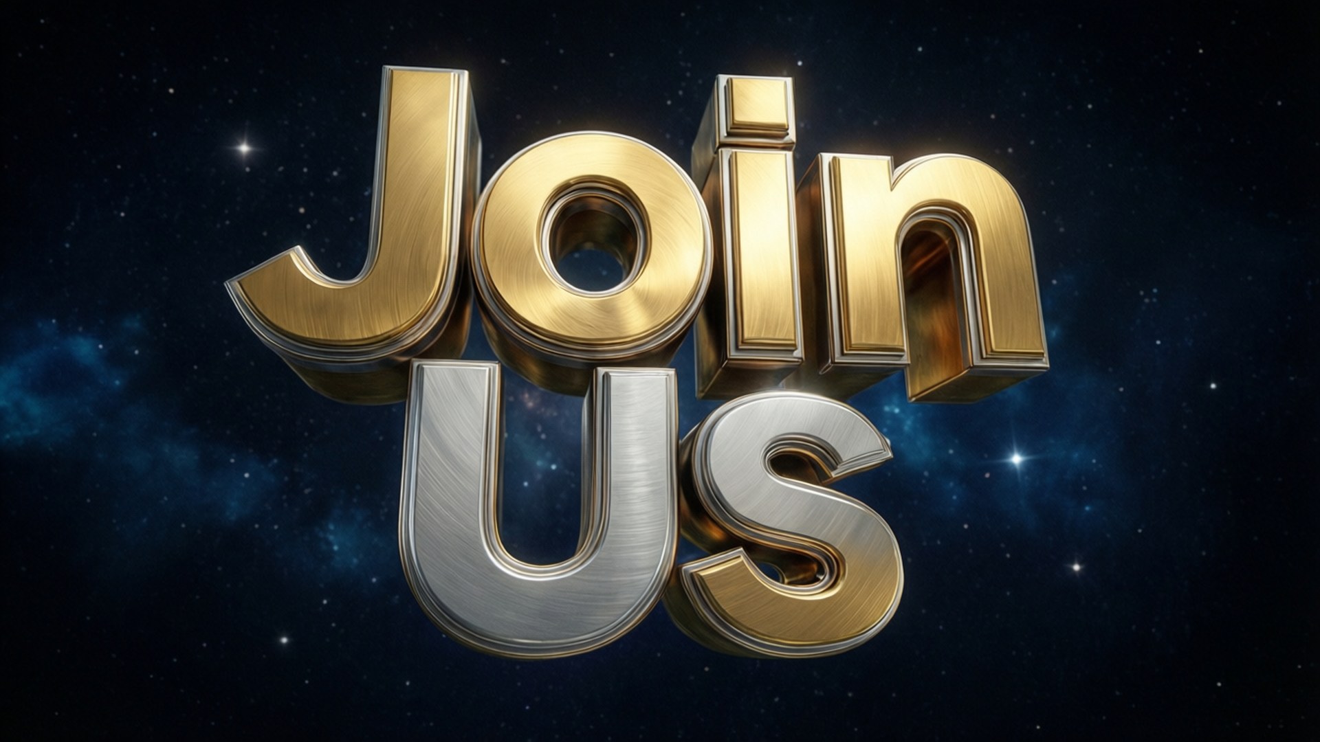 金色和銀色3D文字在星空宇宙背景上顯示Join Us。
