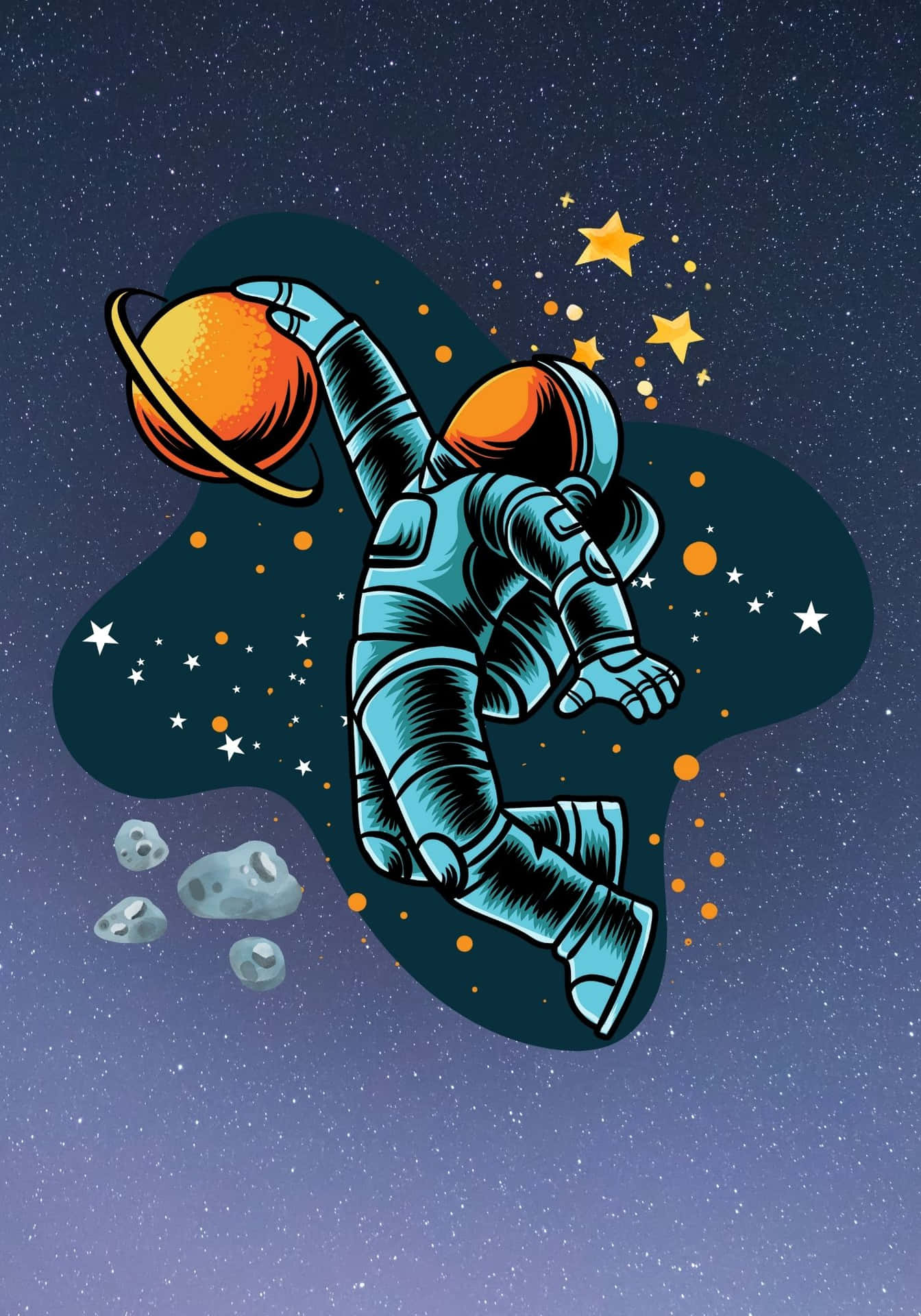 太空人在太空中手持行星，周圍有星星和小行星。