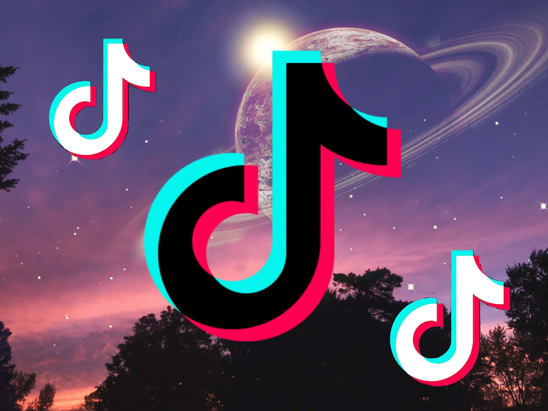 TikTok 標誌疊加在暮色天空上，背景有環狀行星和樹木。