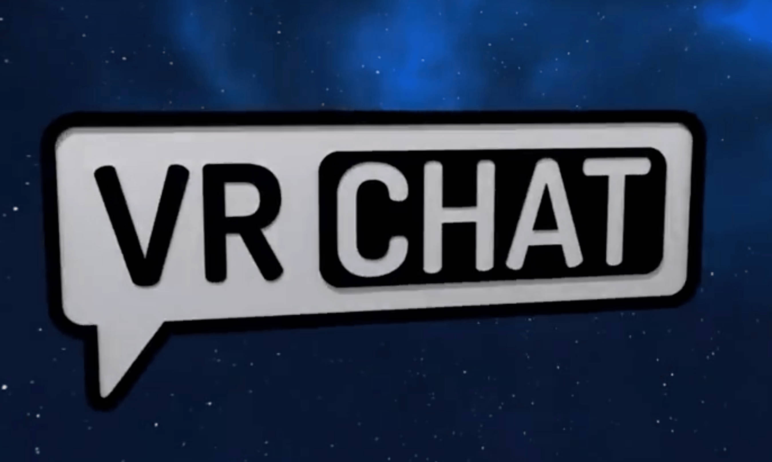 星際風Vrchat標誌設計 壁紙 — 一個大膽的白色對話氣泡，帶有黑色 VR CHAT 文字，漂浮在深藍色星空背景上。