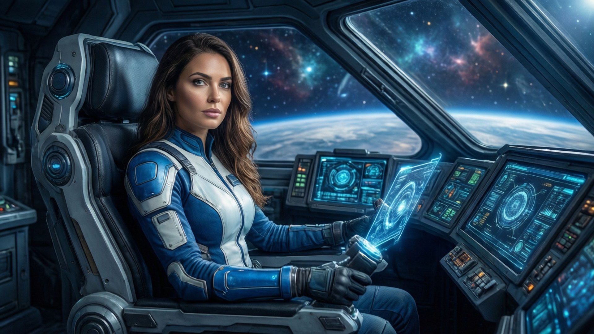 女太空人在駕駛艙內控制全息顯示屏，外面可見地球和星星。