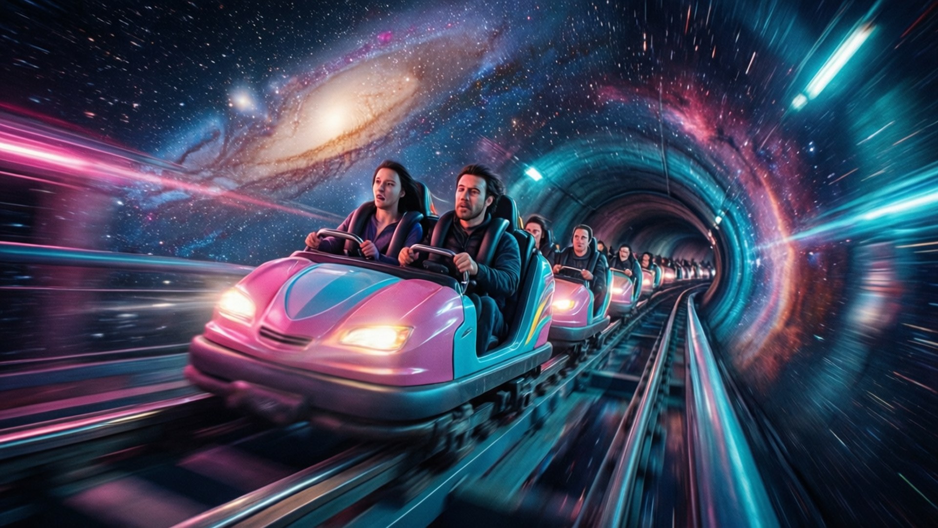 人們乘坐發光的碰碰車穿過一條帶有星系和霓虹燈的宇宙隧道。