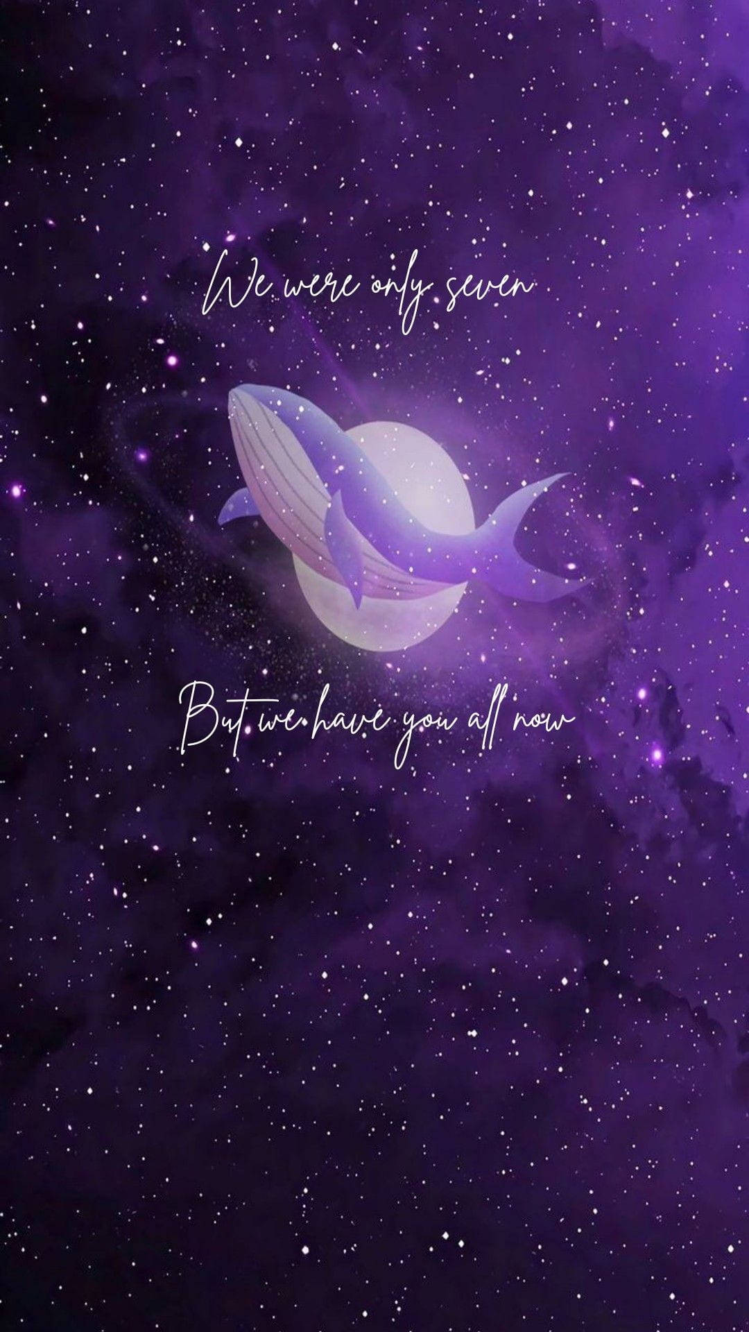 一條紫色鯨魚在星空下游泳，帶有詩意的文字。