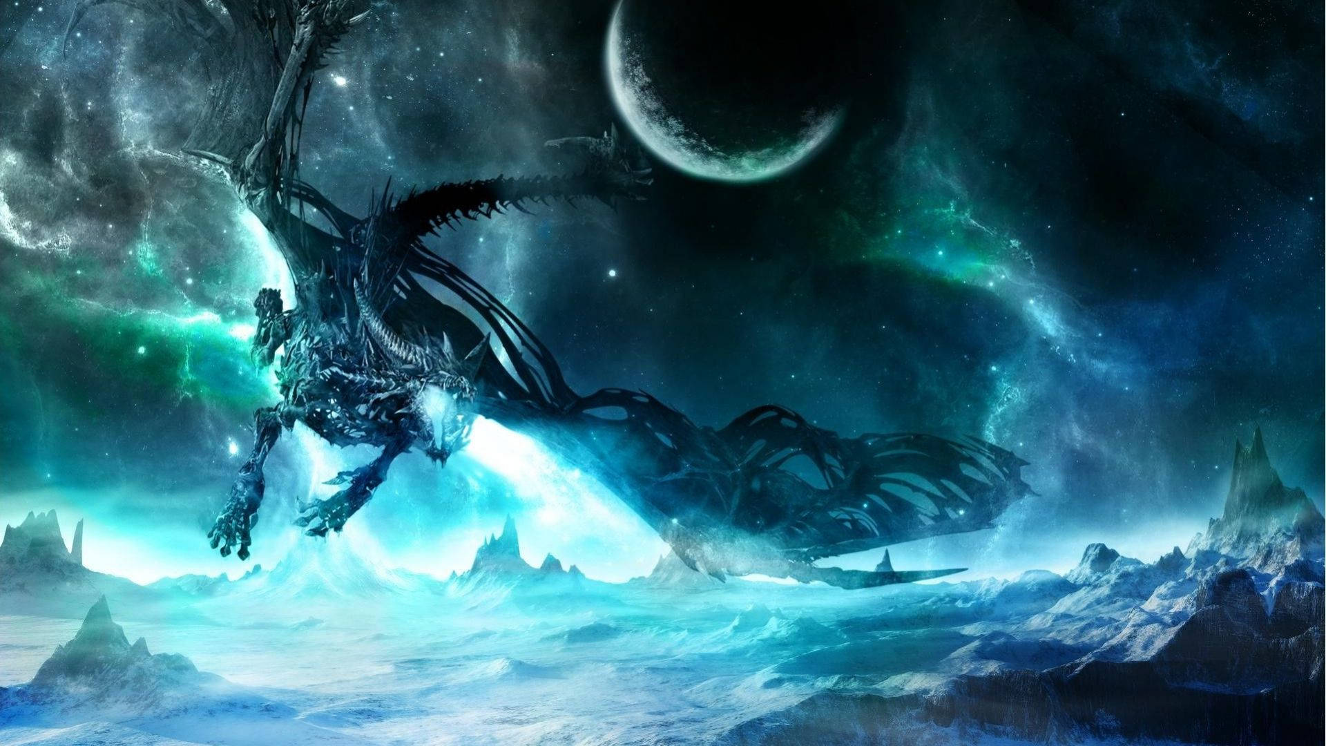 骷髏龍在彎月和發光星雲下飛越冰山。