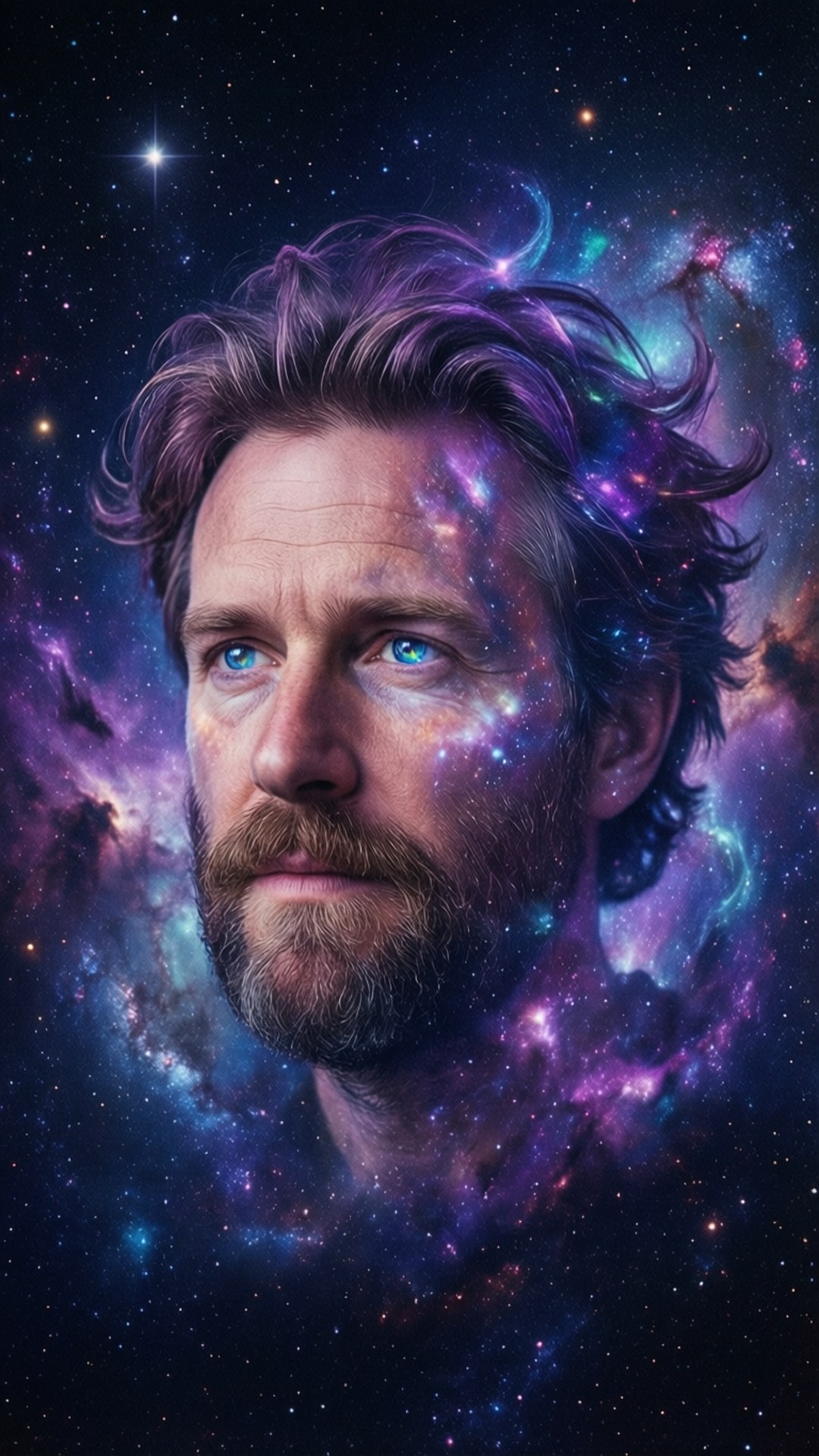 鬍鬚藍眼男子被鮮豔的宇宙星雲和星星環繞。