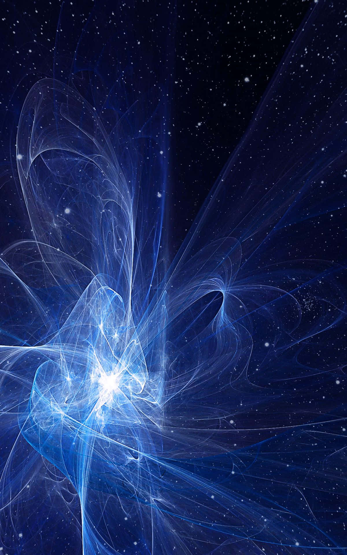 星雲光束肖像 壁紙 — 一個明亮的藍色宇宙星雲在深空中旋轉，帶有發光的絲狀物，背景是星場。