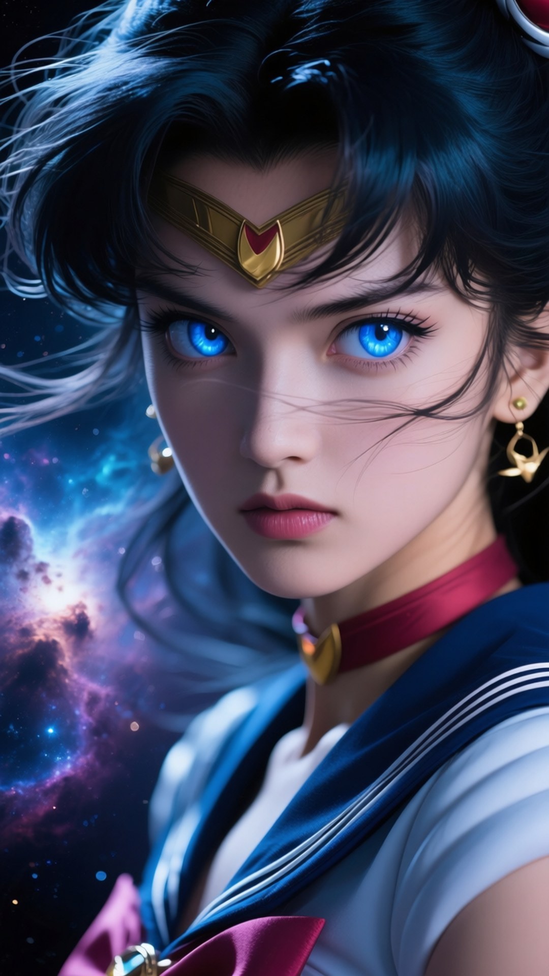 藍眼睛動漫女孩，水手服，宇宙星雲背景