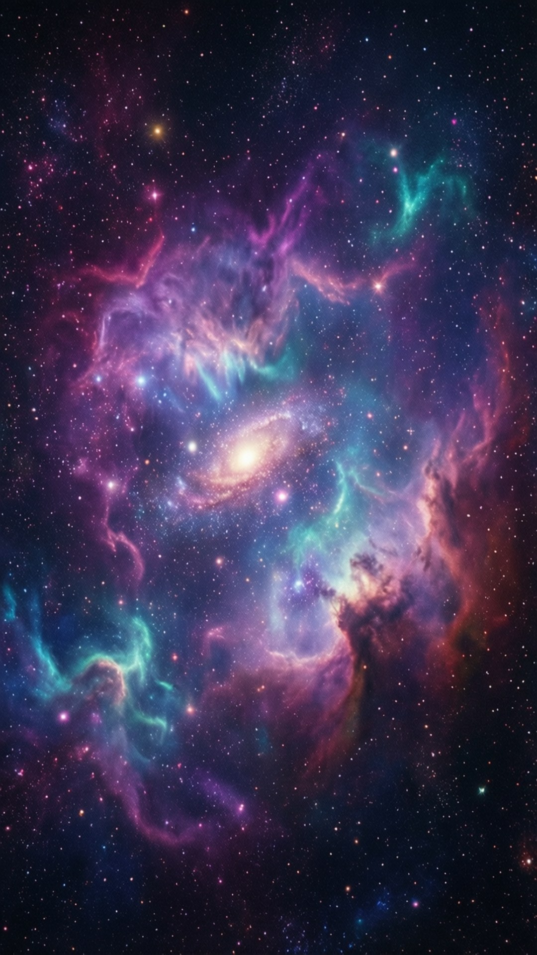 在深空中，充滿活力的宇宙星雲帶有螺旋星系和彩色氣體雲。