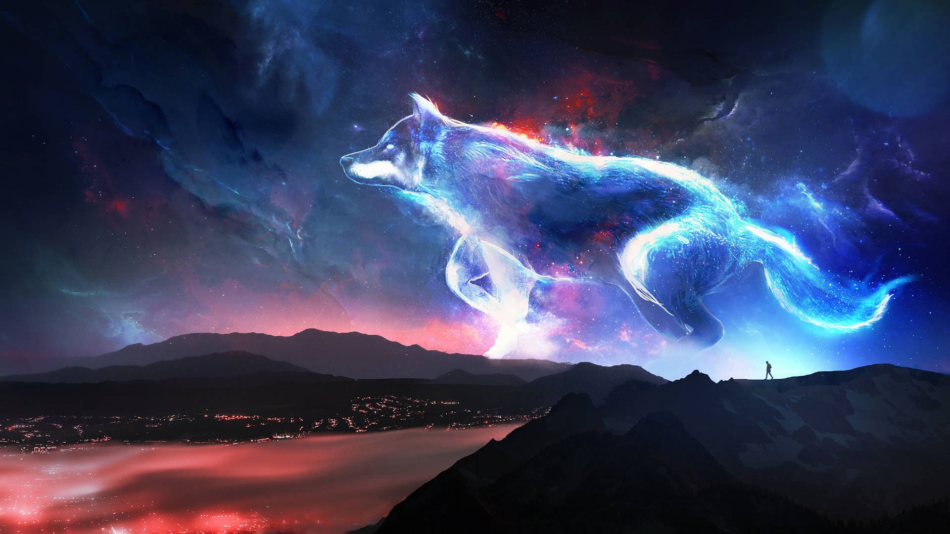 一頭發光的宇宙狼飛越山脈，一個人從山頂觀看。 — 銀河狼 壁紙