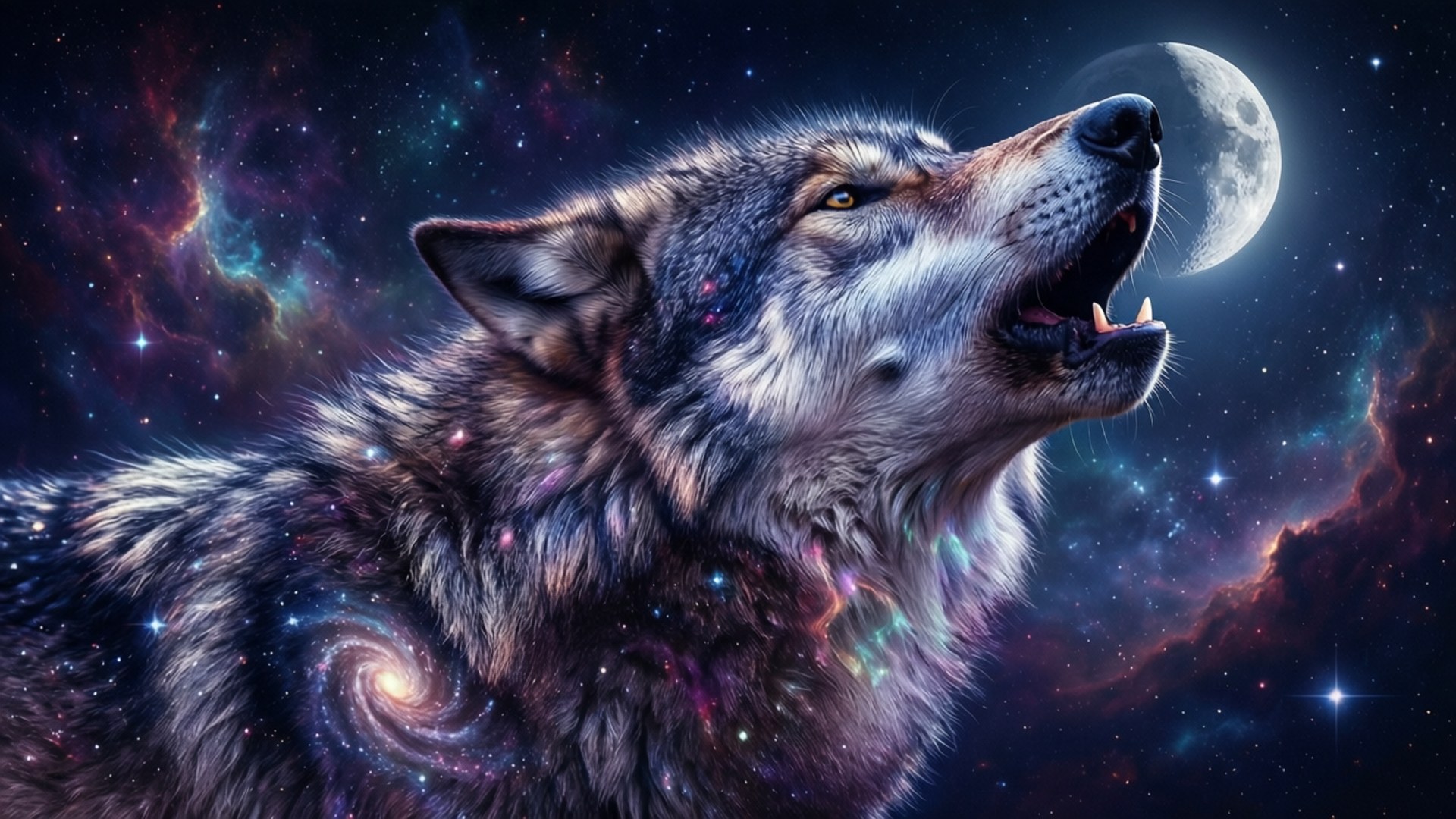 一頭神秘銀河狼在漩渦星雲中對新月長嚎。