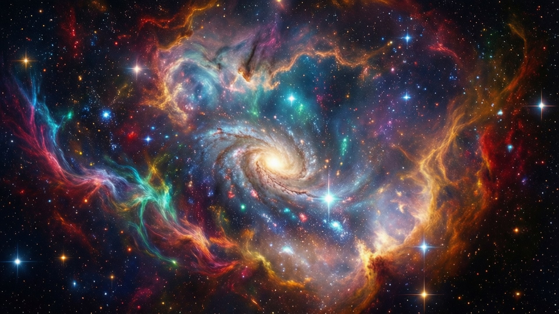 在深空中被發光星雲和明亮恆星環繞的彩色螺旋星系