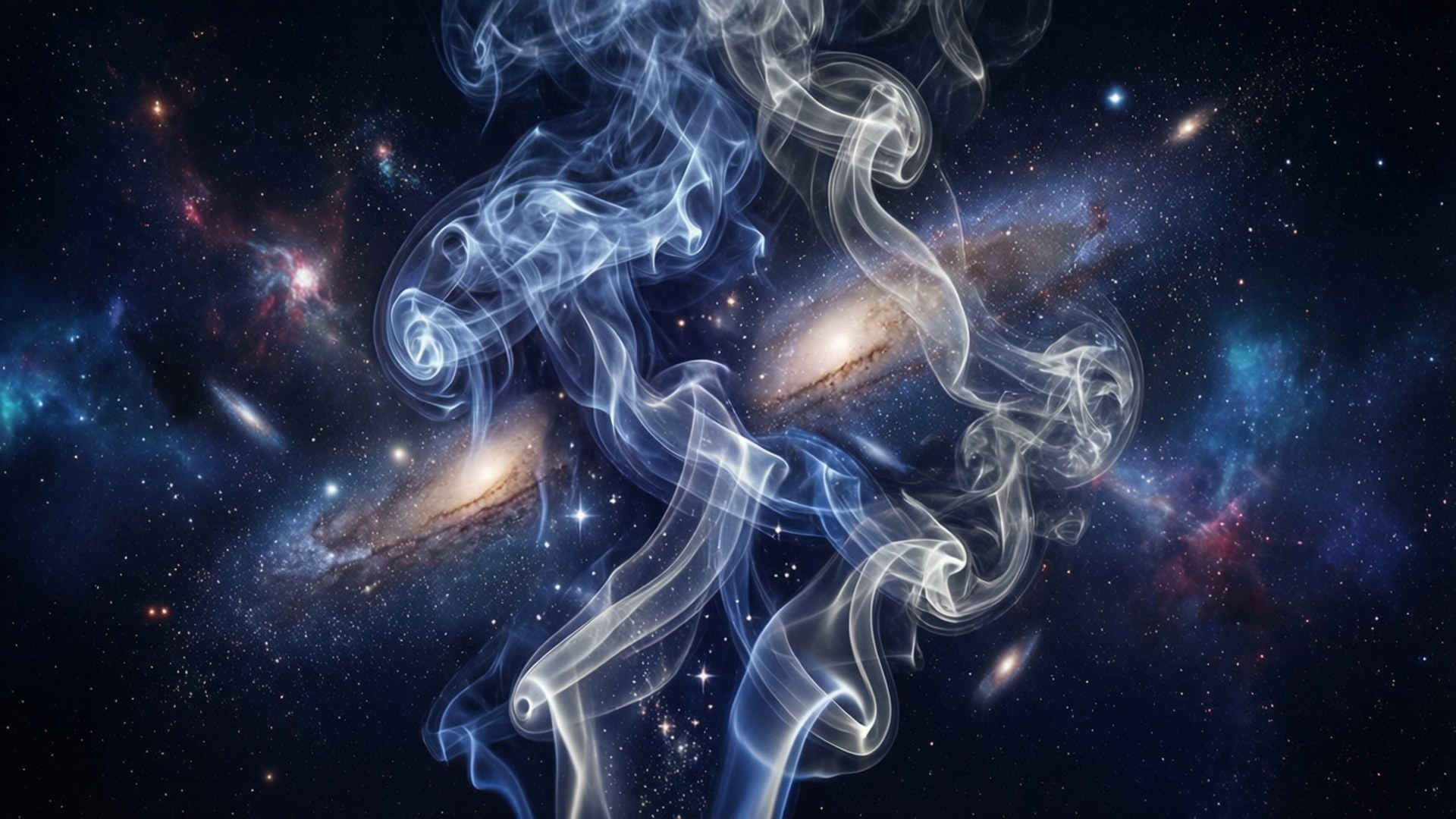 深空中旋轉的煙霧，帶有發光星系和星星