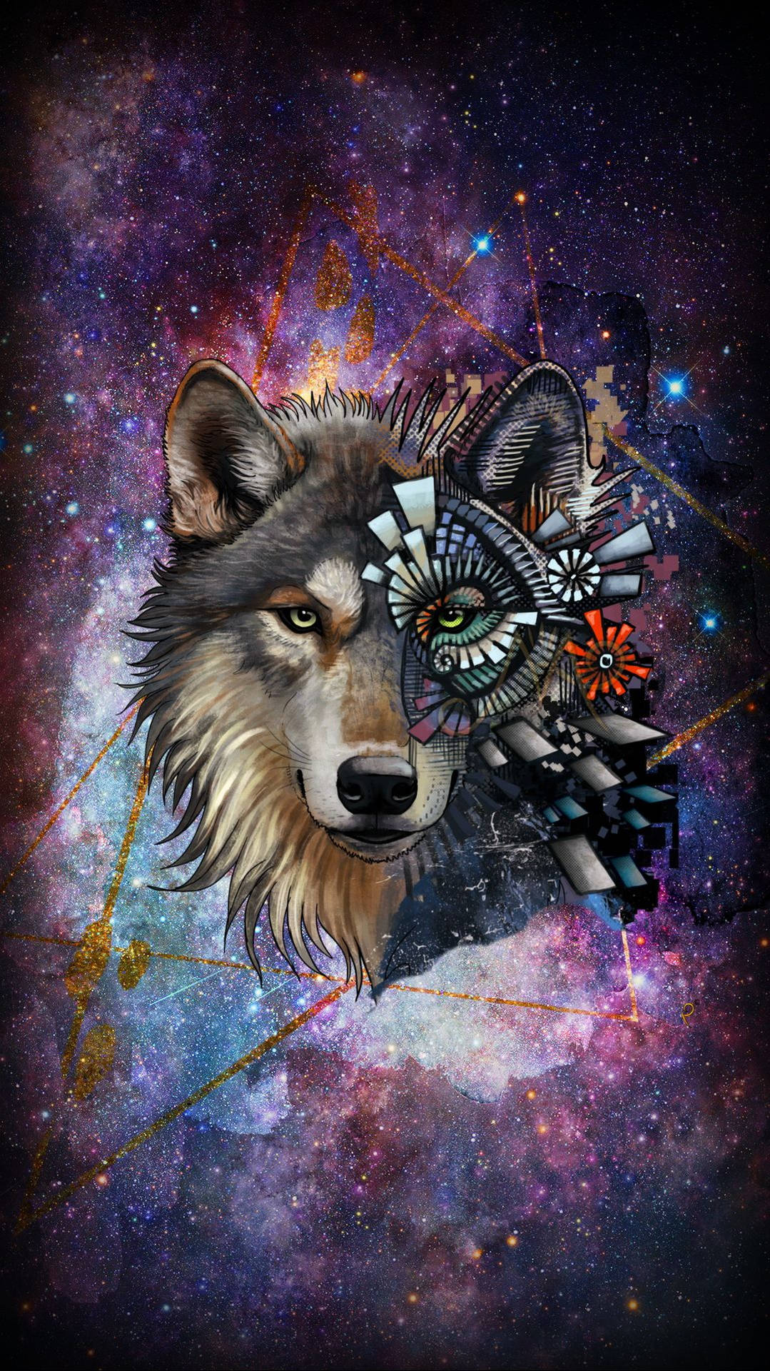 幾何圖案的狼頭，背景是色彩繽紛的宇宙星系。 — 銀河狼 壁紙