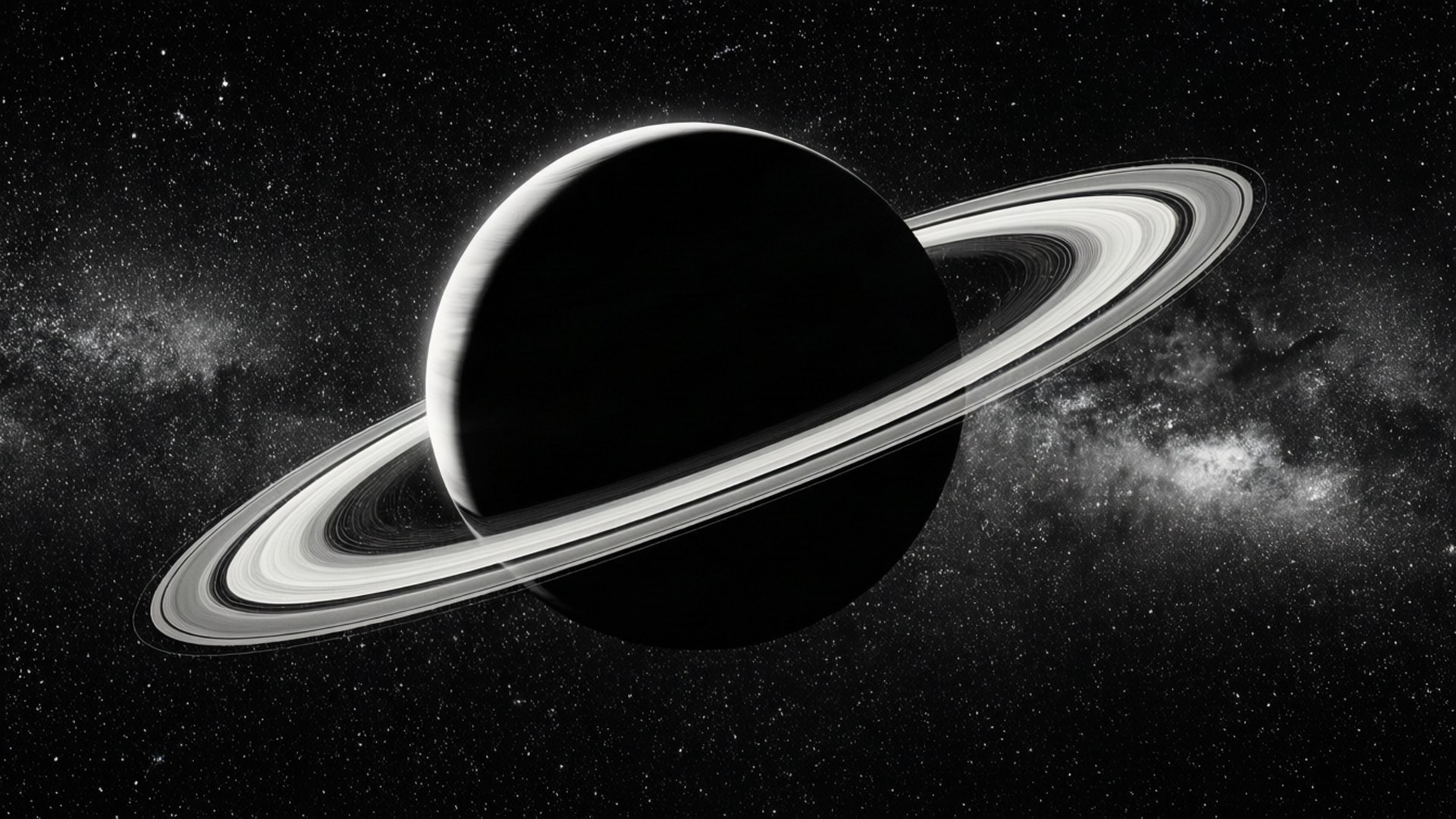黑白太空場景中帶光環嘅土星